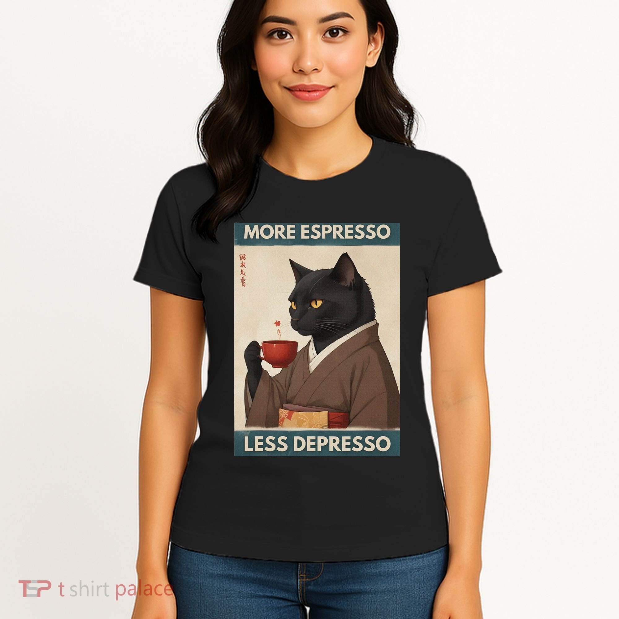 More Espresso Less Depresso Kimono Cat Japanese Art Women's T-Shirt