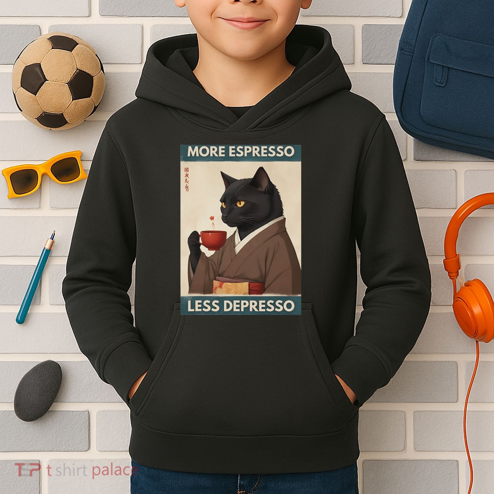 More Espresso Less Depresso Kimono Cat Japanese Art Kids Hoodie