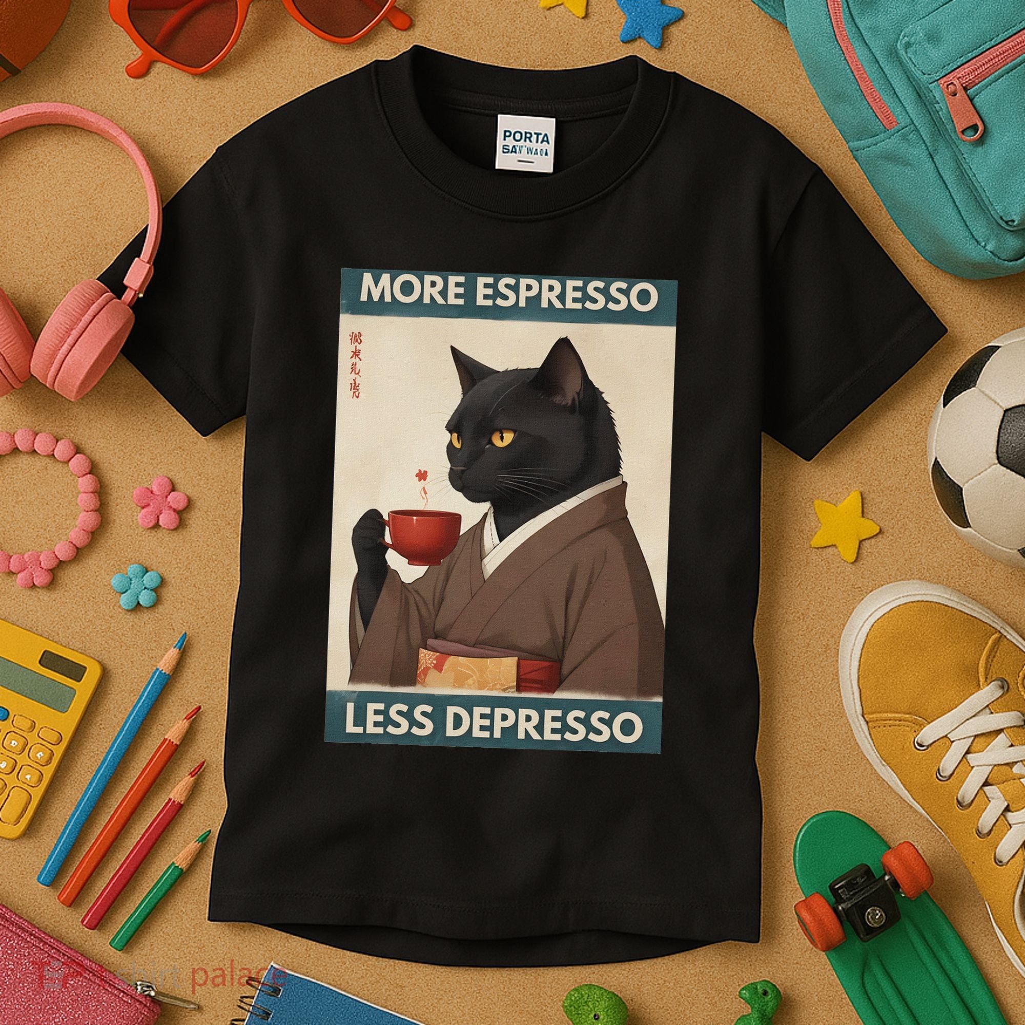 More Espresso Less Depresso Kimono Cat Japanese Art Kids T-Shirt
