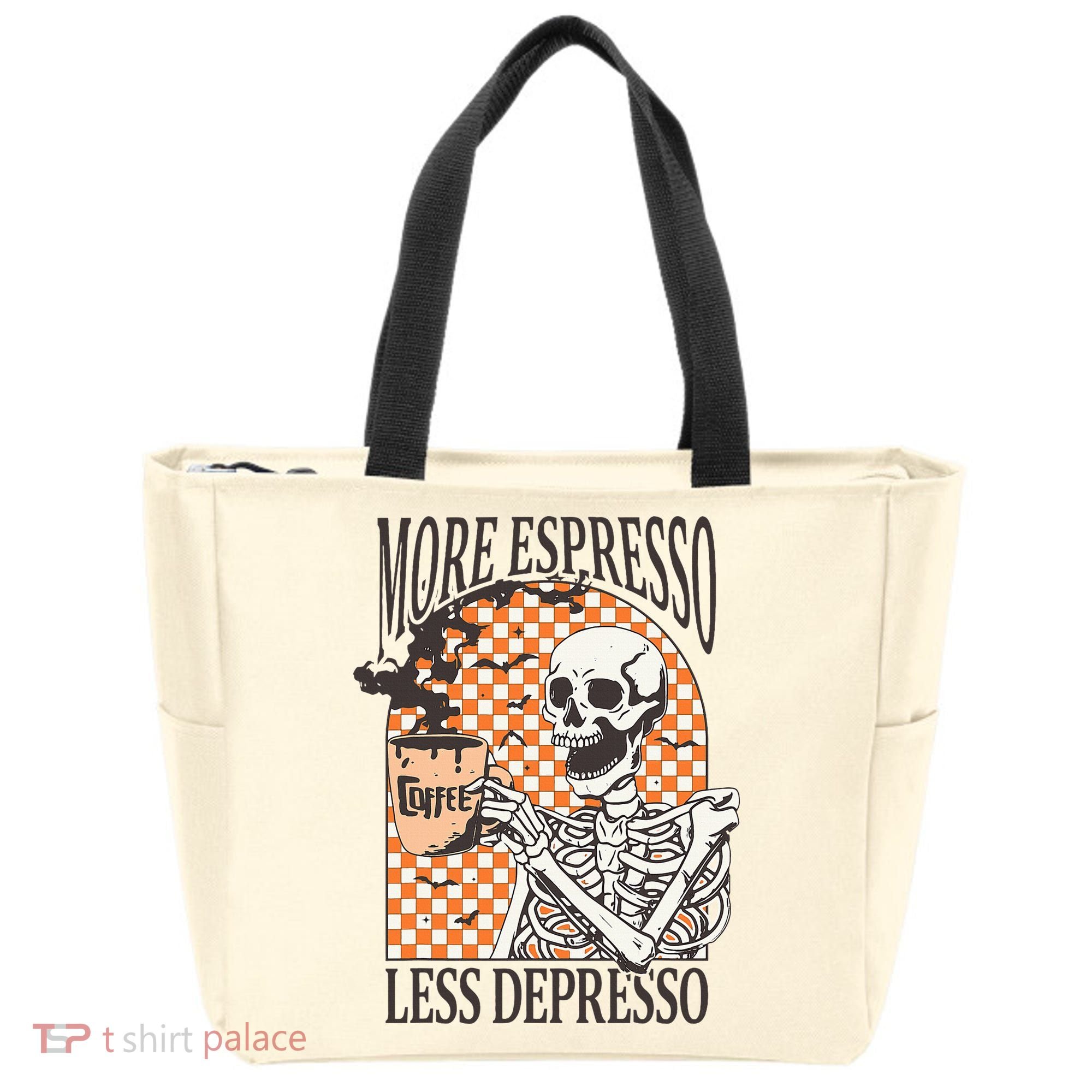 More Espresso Less Depresso Coffee Drink Skeleton Halloween Tote Bag