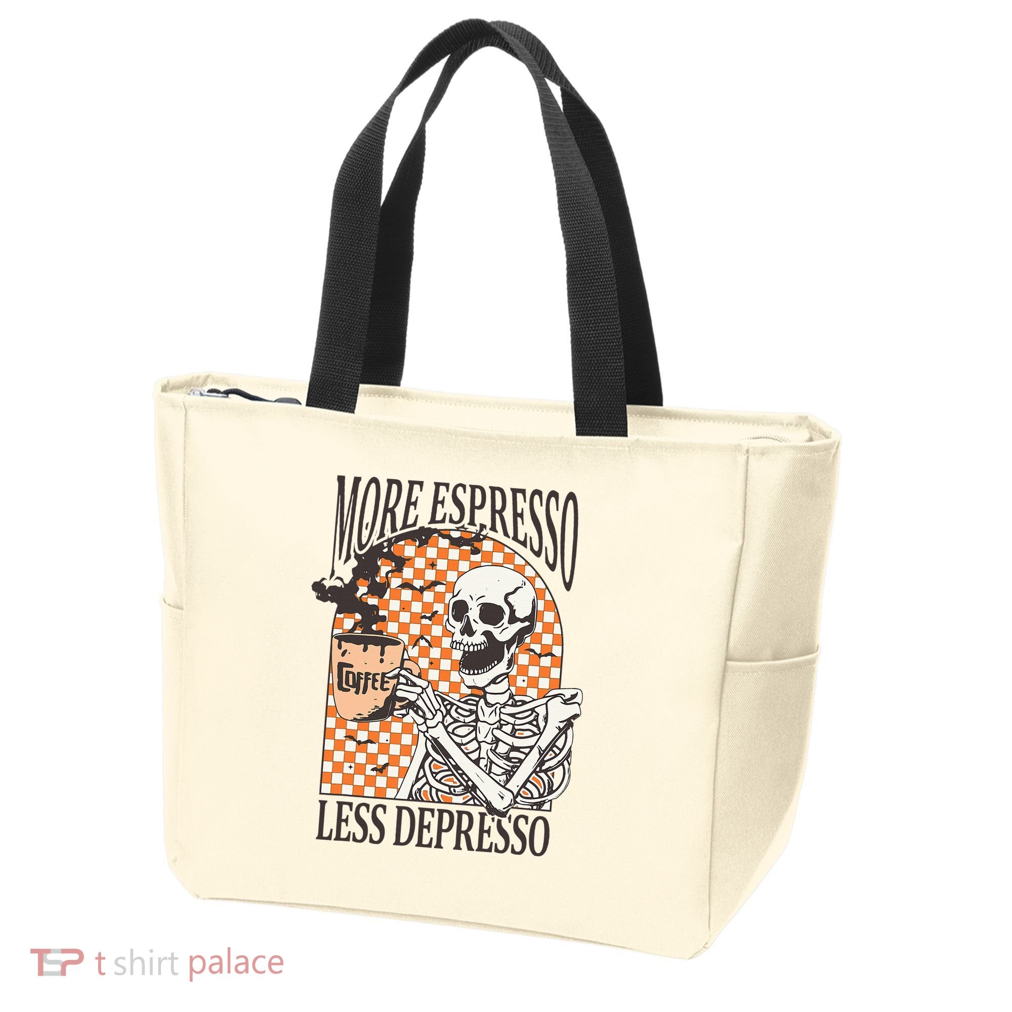 More Espresso Less Depresso Coffee Drink Skeleton Halloween Tote Bag