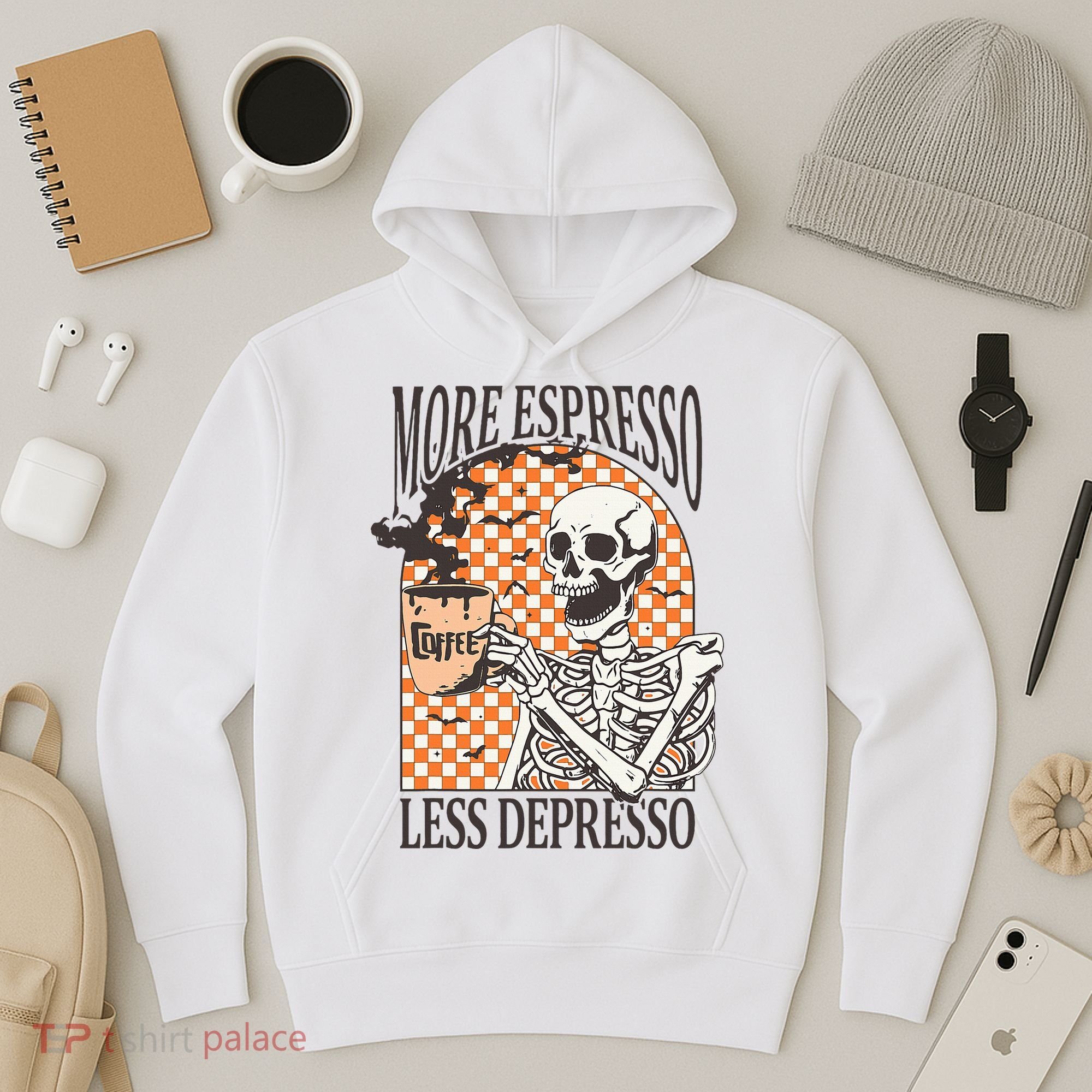 More Espresso Less Depresso Coffee Drink Skeleton Halloween Hoodie
