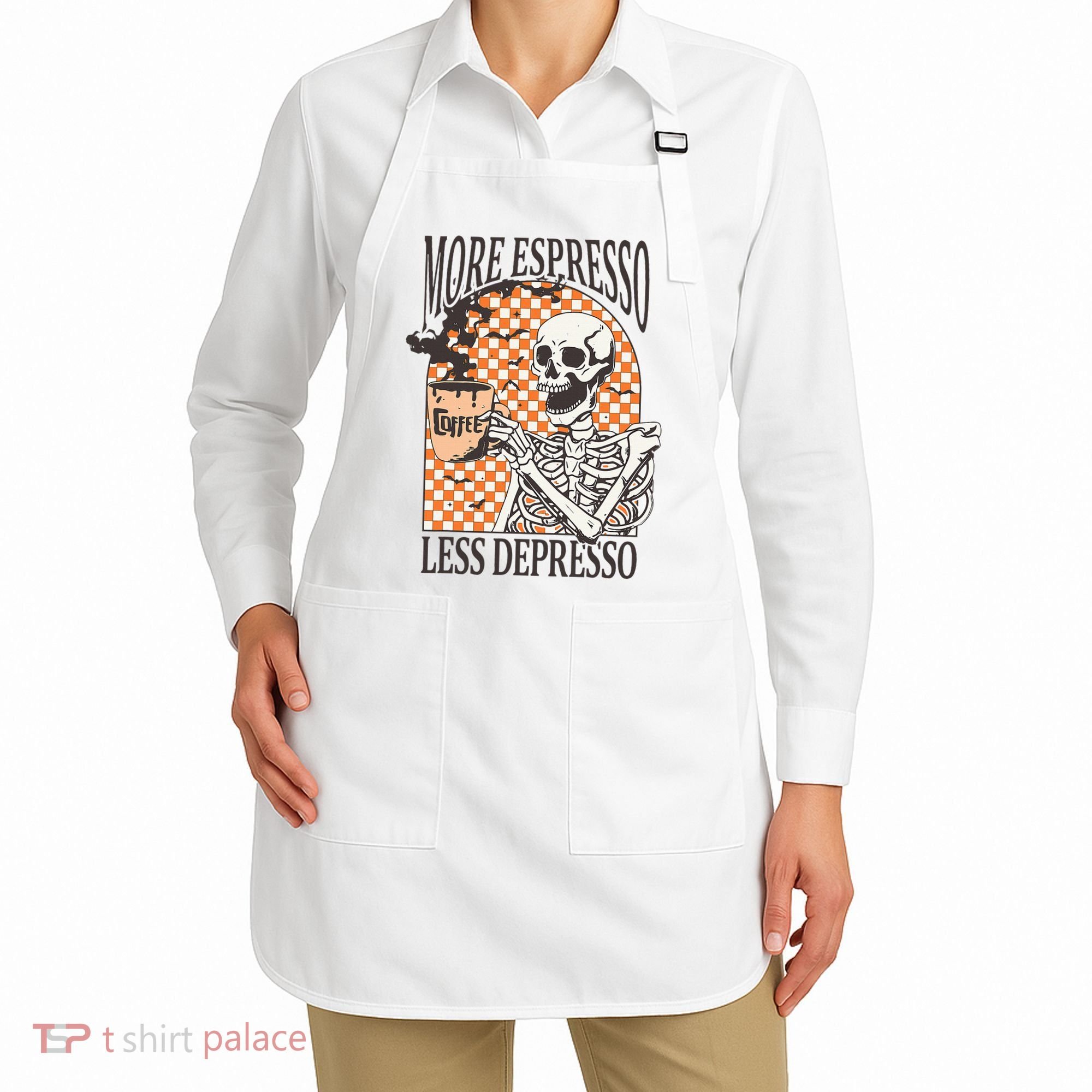 More Espresso Less Depresso Coffee Drink Skeleton Halloween Apron