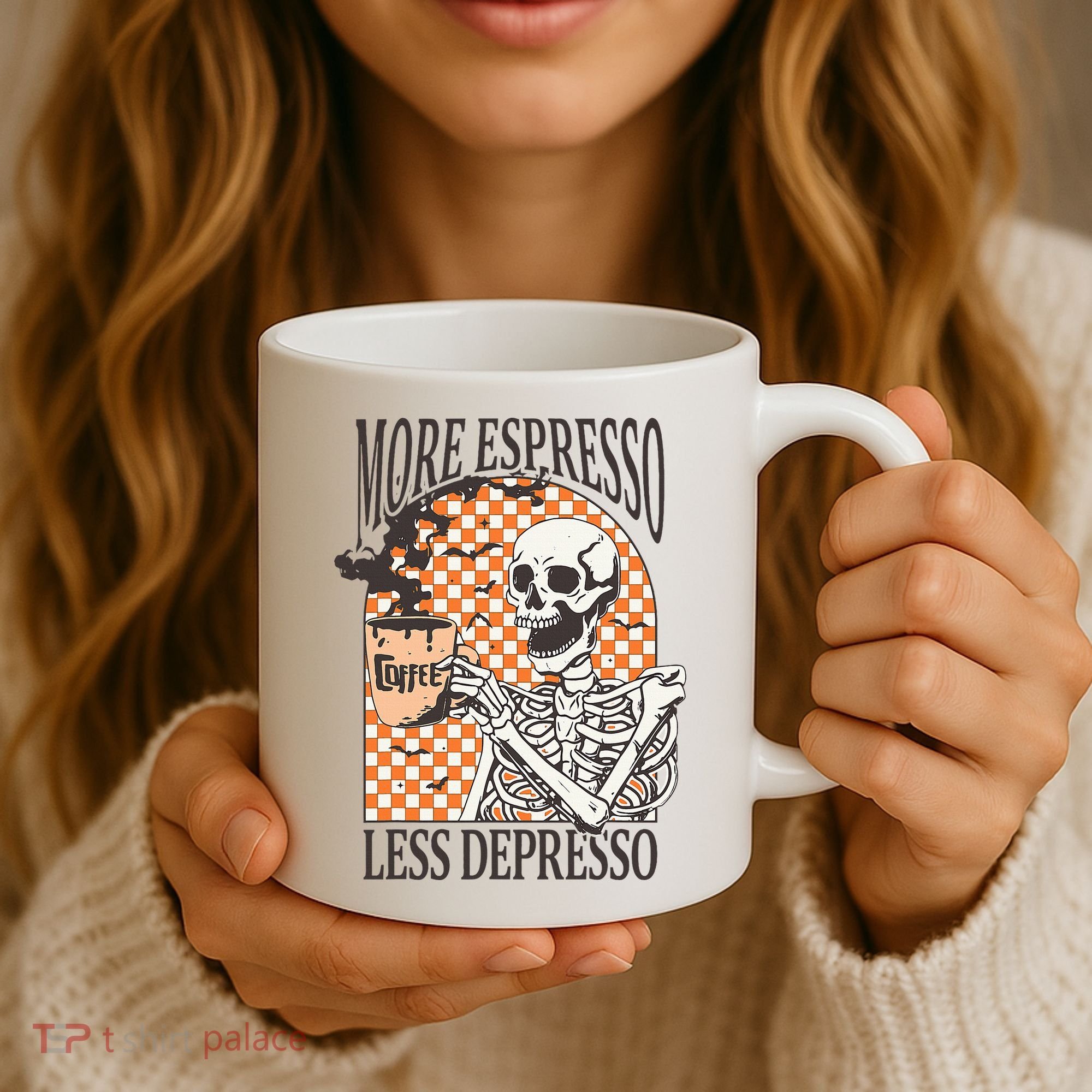More Espresso Less Depresso Coffee Drink Skeleton Halloween Coffee Mug