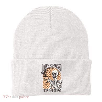 More Espresso Less Depresso Coffee Drink Skeleton Halloween Beanie