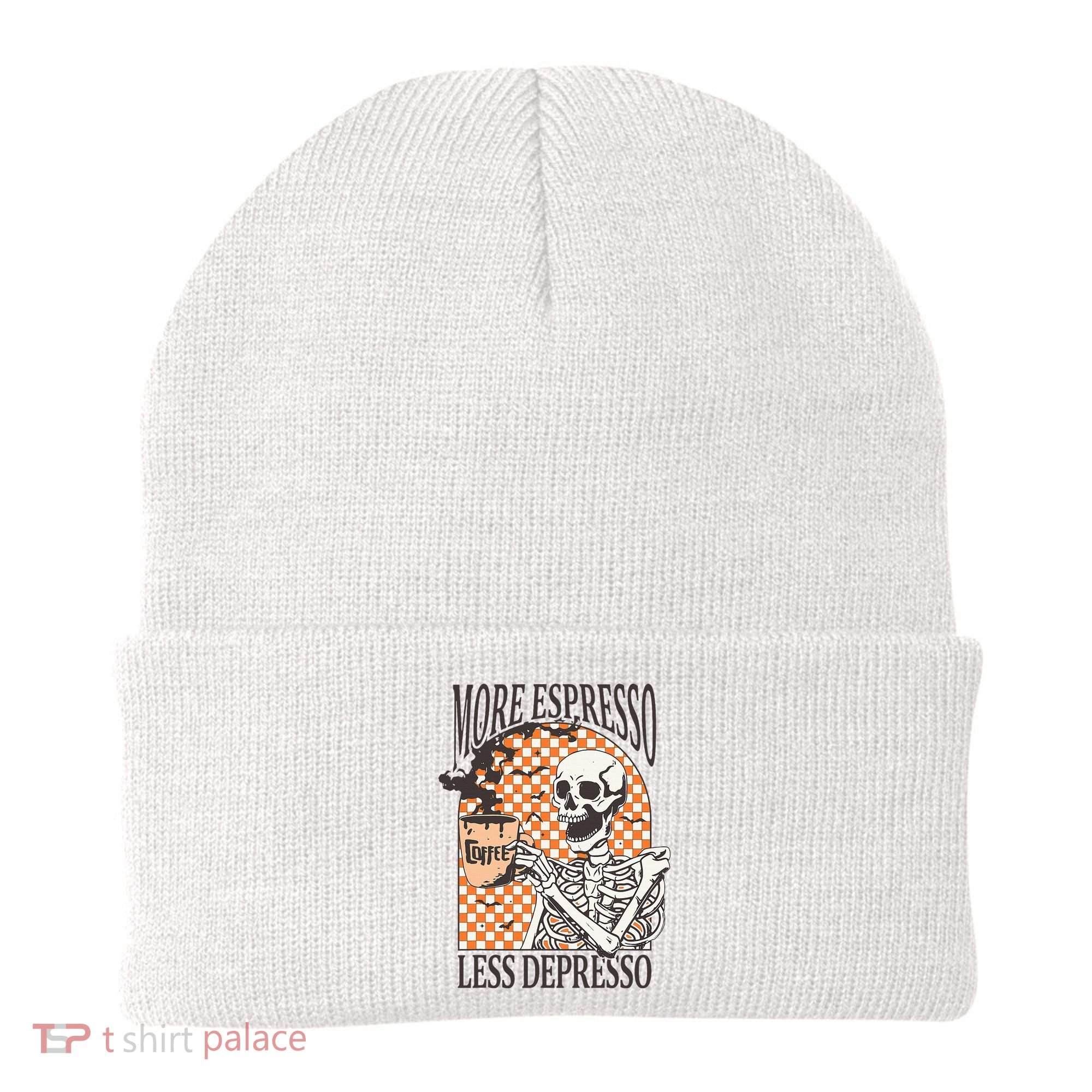More Espresso Less Depresso Coffee Drink Skeleton Halloween Beanie