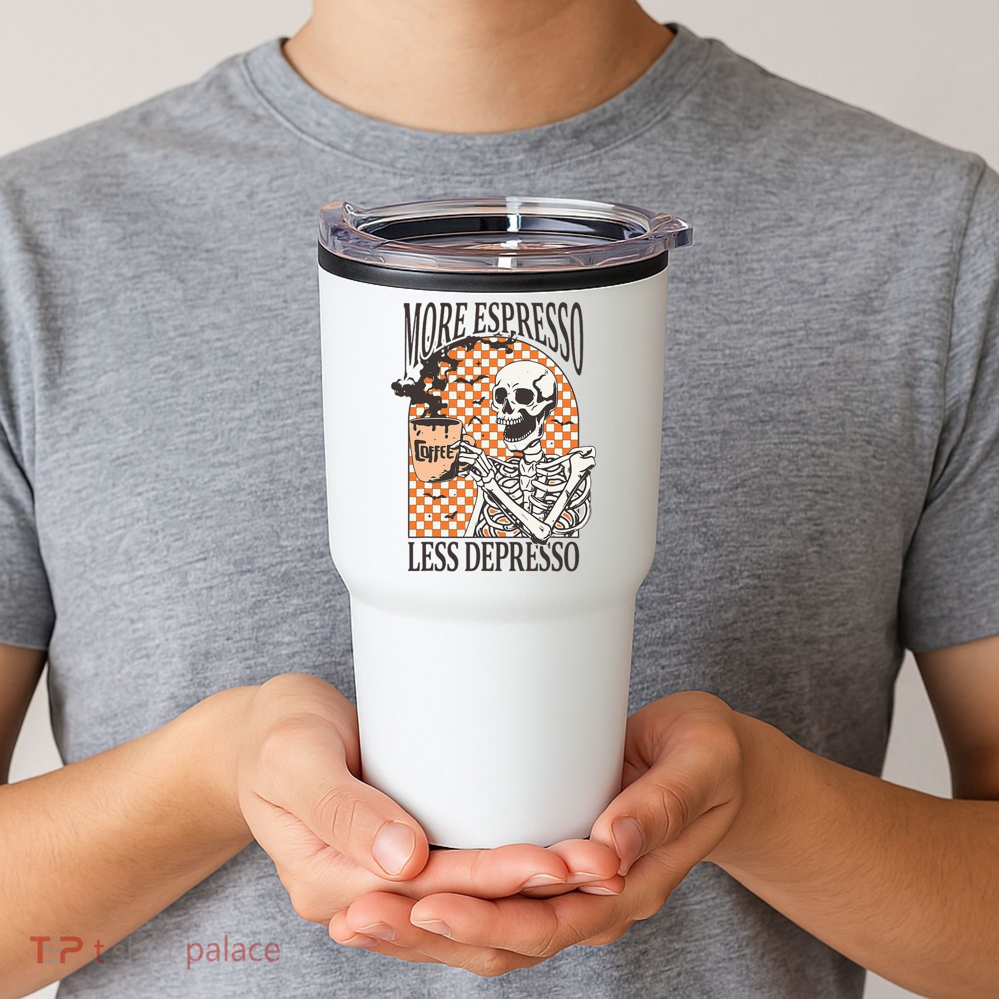 More Espresso Less Depresso Coffee Drink Skeleton Halloween Tumbler