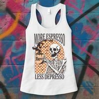 More Espresso Less Depresso Coffee Drink Skeleton Halloween Women's Tank Top thumb 3