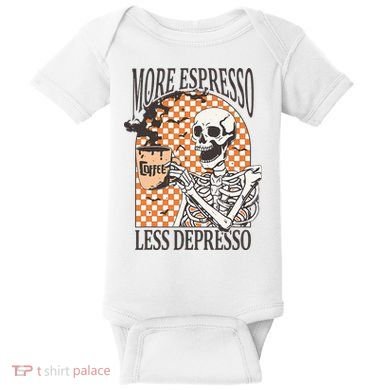 More Espresso Less Depresso Coffee Drink Skeleton Halloween Baby Bodysuit