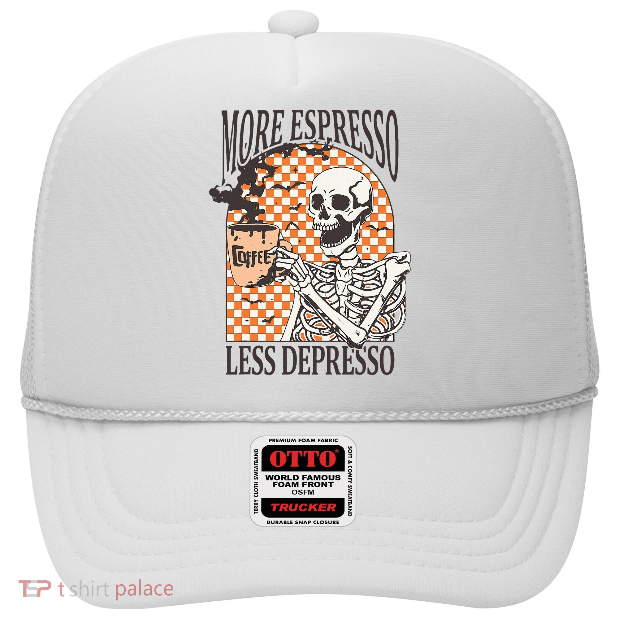 More Espresso Less Depresso Coffee Drink Skeleton Halloween Hat