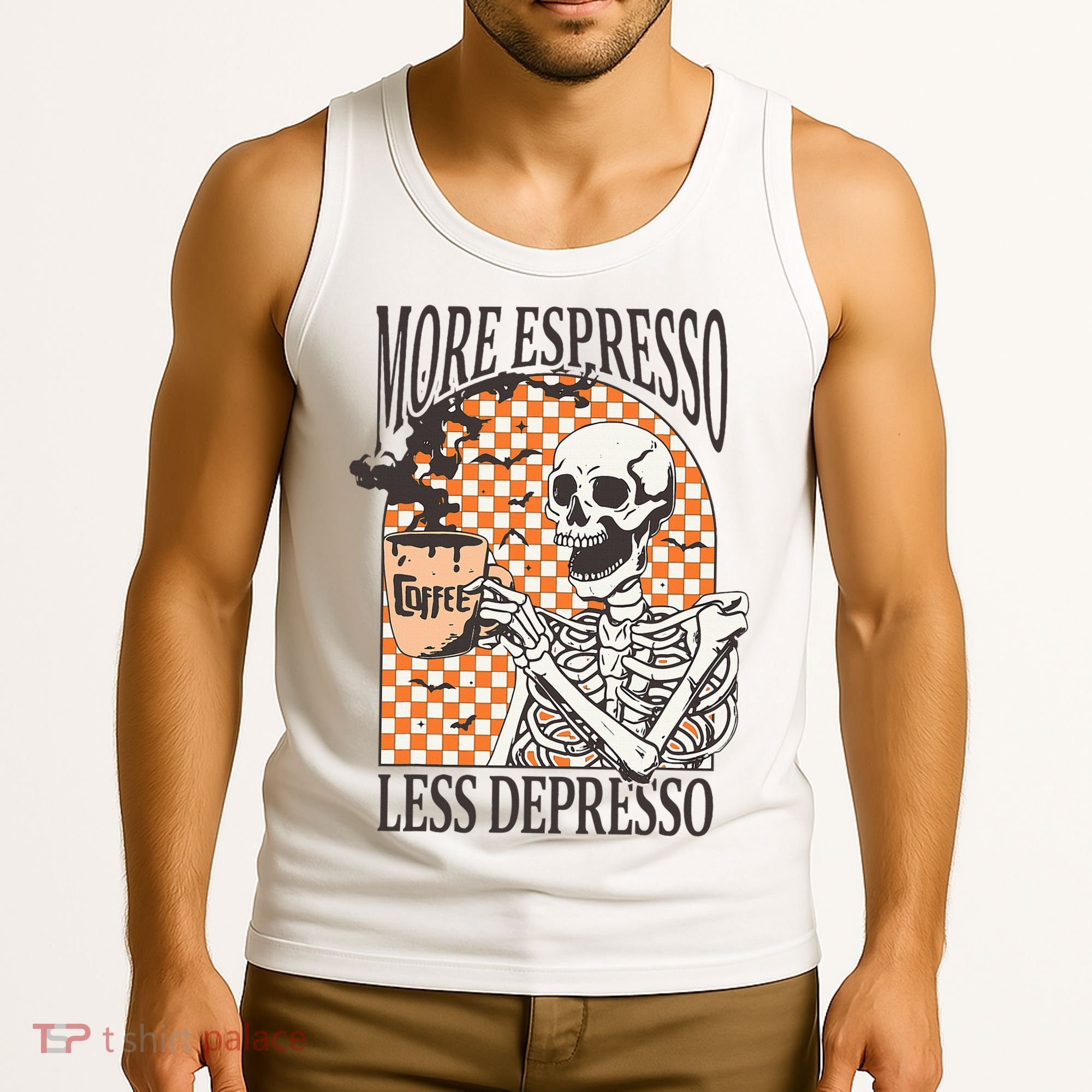 More Espresso Less Depresso Coffee Drink Skeleton Halloween Tank Top