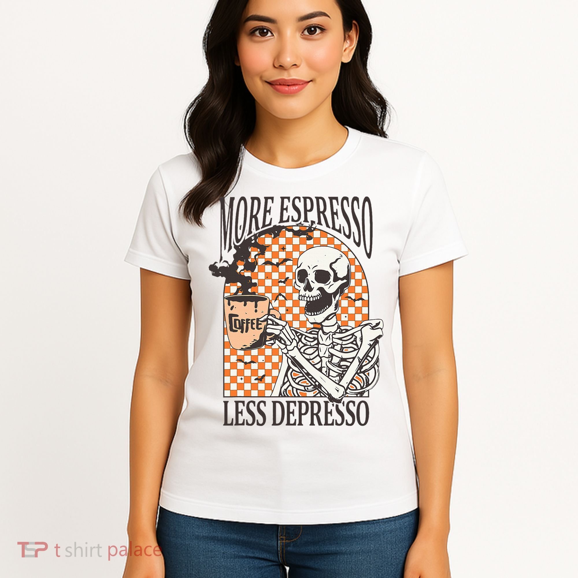 More Espresso Less Depresso Coffee Drink Skeleton Halloween Women's T-Shirt