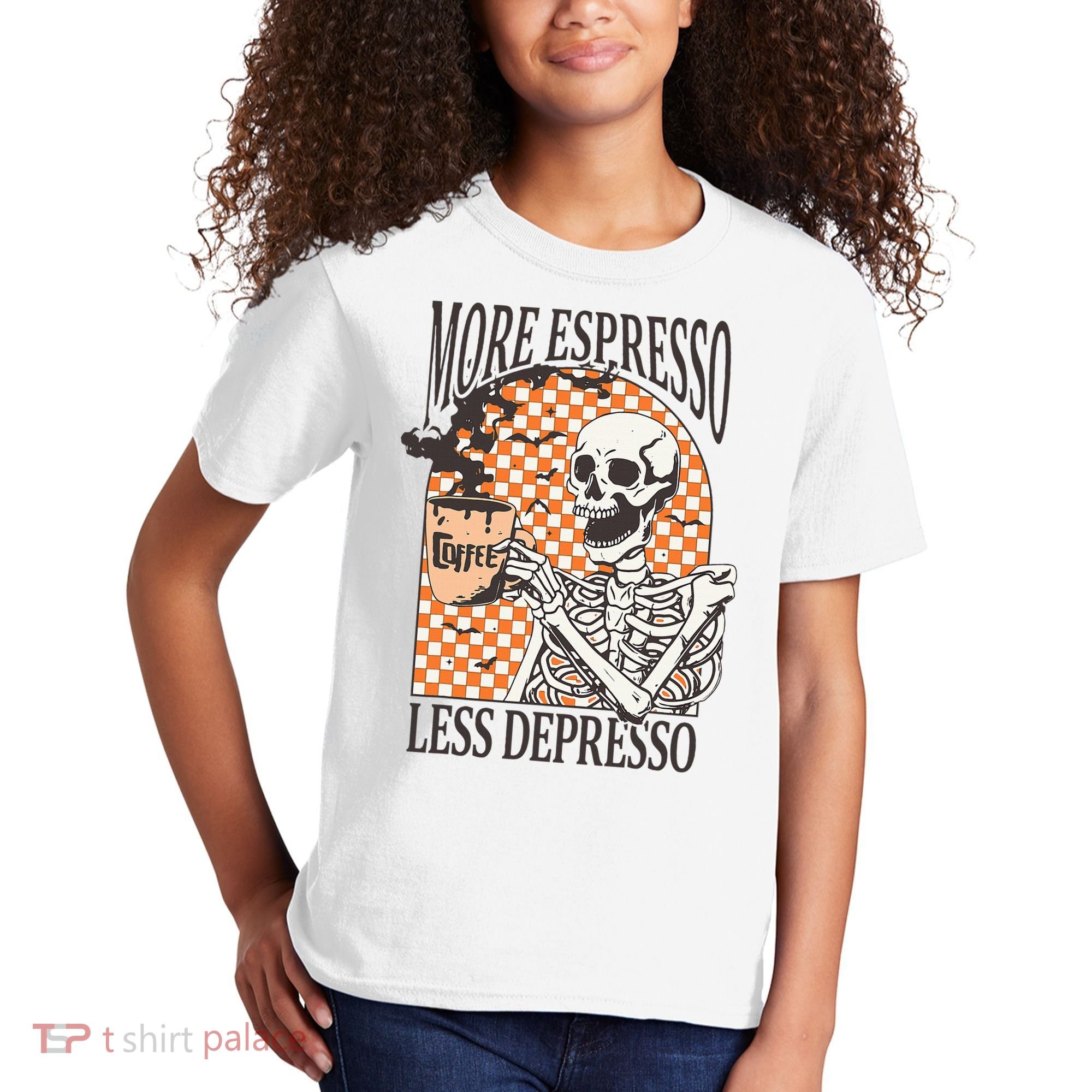More Espresso Less Depresso Coffee Drink Skeleton Halloween Kids T-Shirt