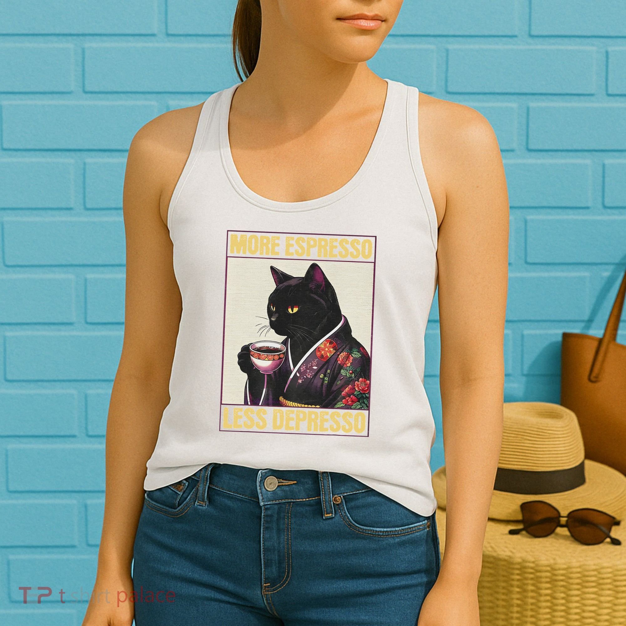 More Espresso Less Depresso Kimono Cat Japanese Women's Tank Top