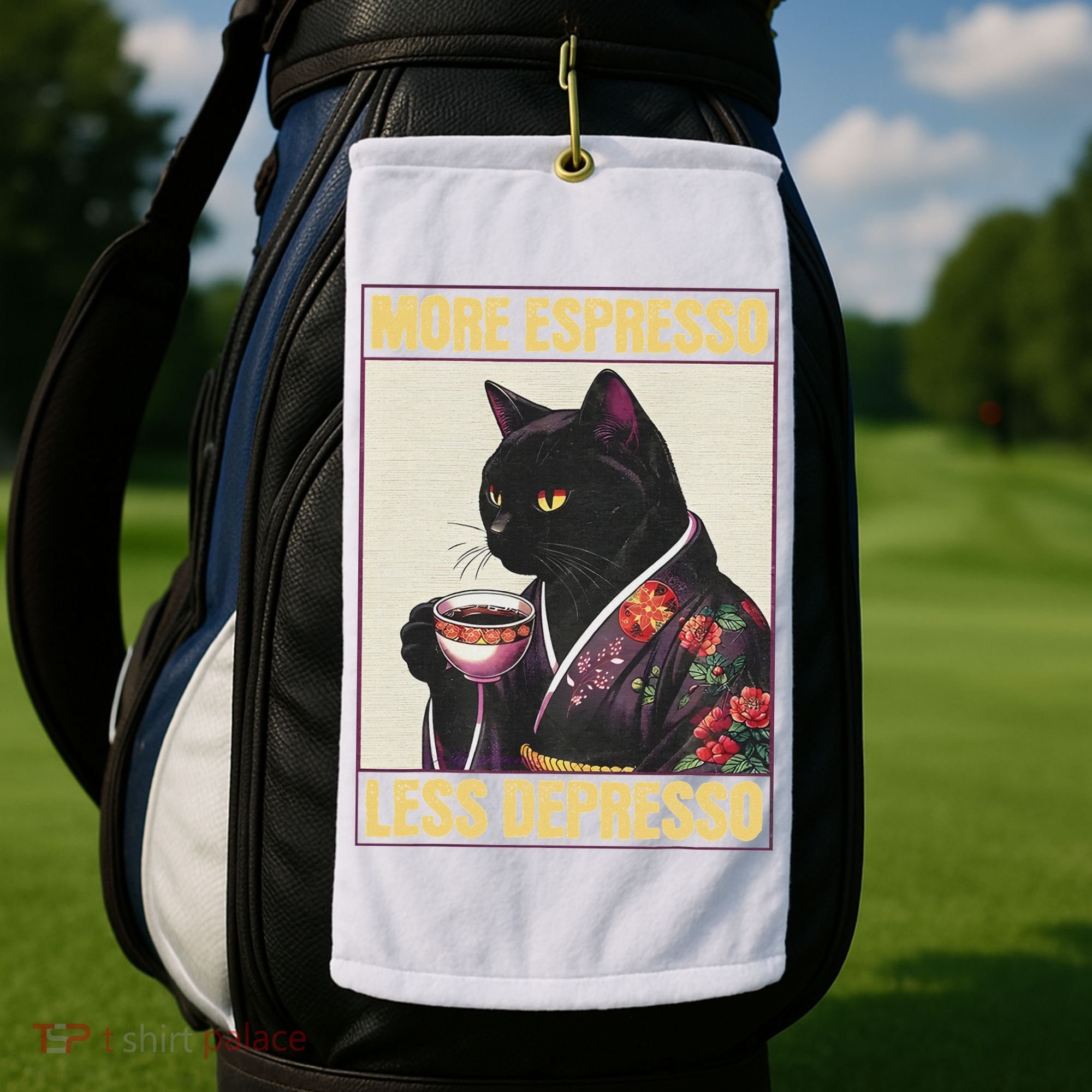 More Espresso Less Depresso Kimono Cat Japanese Golf Towel