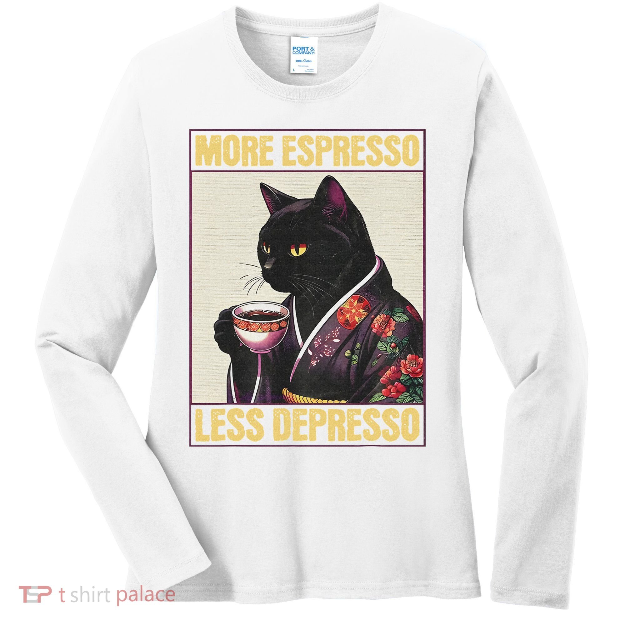 More Espresso Less Depresso Kimono Cat Japanese Women's Long Sleeve Shirt