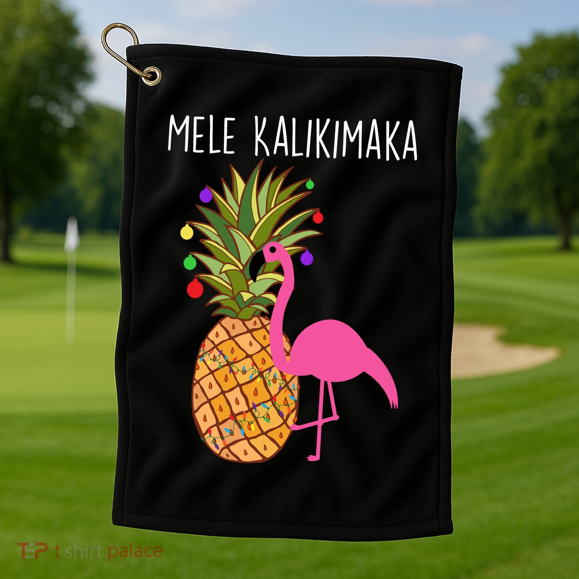 Mele Kalikimaka Flamingo Christmas Golf Towel