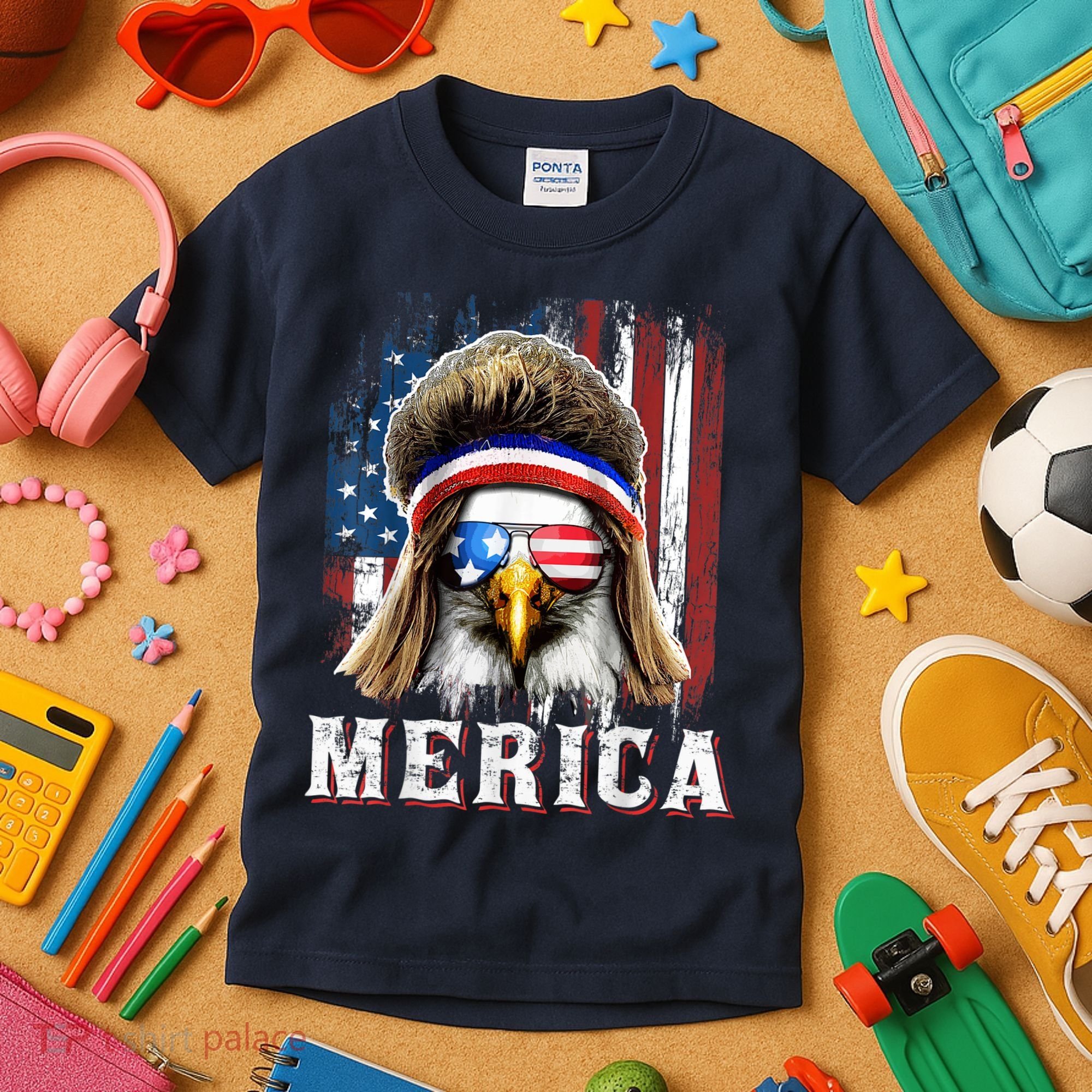 Merica Eagle Mullet 4th Of July American Flag Stars Stripes Kids T-Shirt