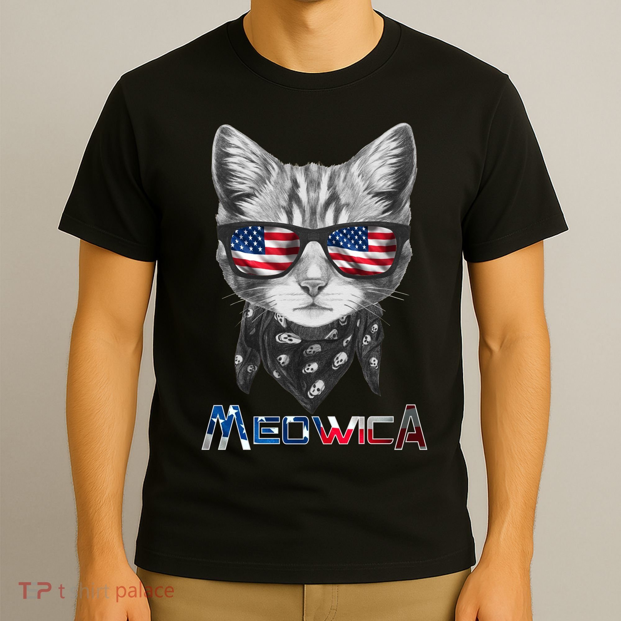 Meowica Rock Cat Funny 4th of July USA Freedom T-Shirt