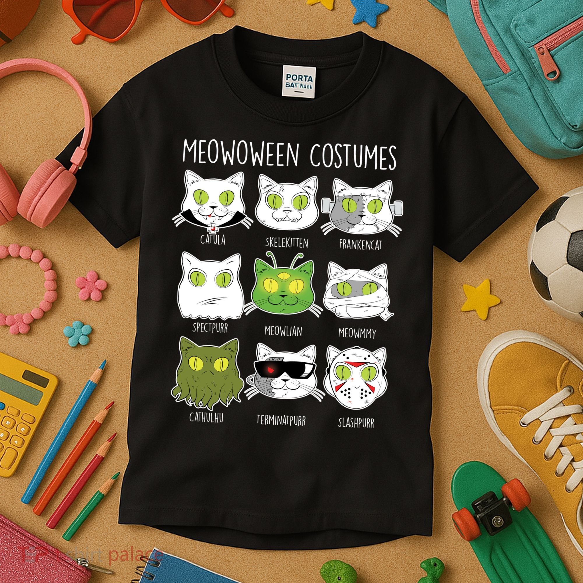 Meowoween Costumes Funny Cat Halloween Kids T-Shirt
