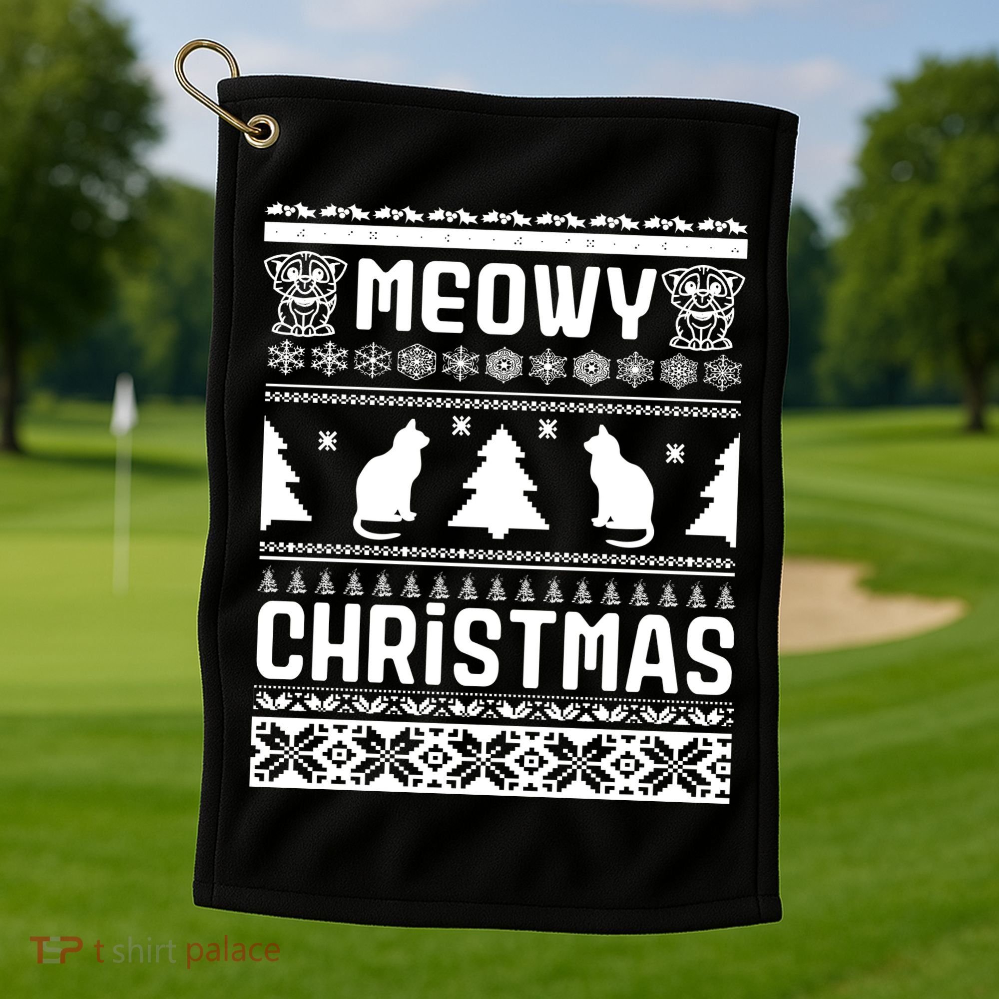 Meowy Cat Ugly Christmas Sweater Golf Towel