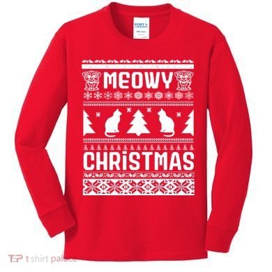 Meowy Cat Ugly Christmas Sweater Kids Long Sleeve Shirt