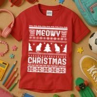 Meowy Cat Ugly Christmas Sweater Kids T-Shirt thumb 3