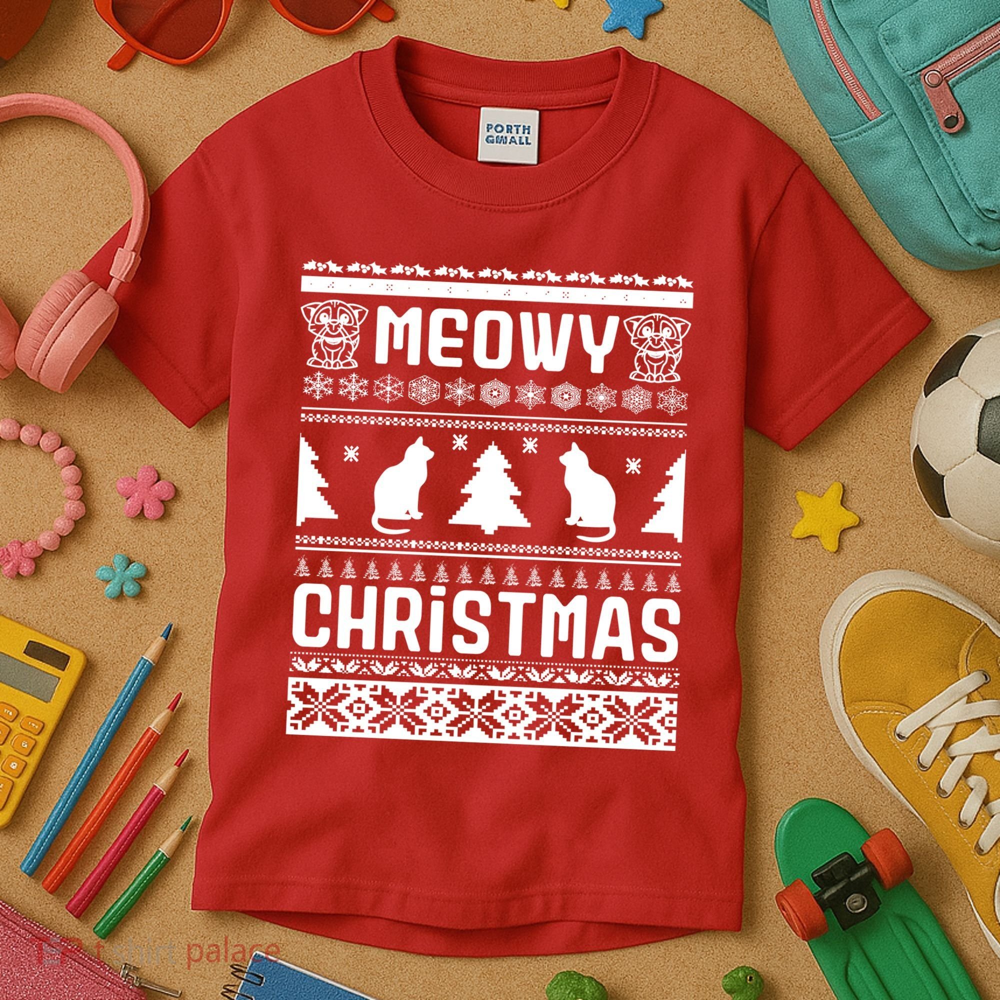 Meowy Cat Ugly Christmas Sweater Kids T-Shirt