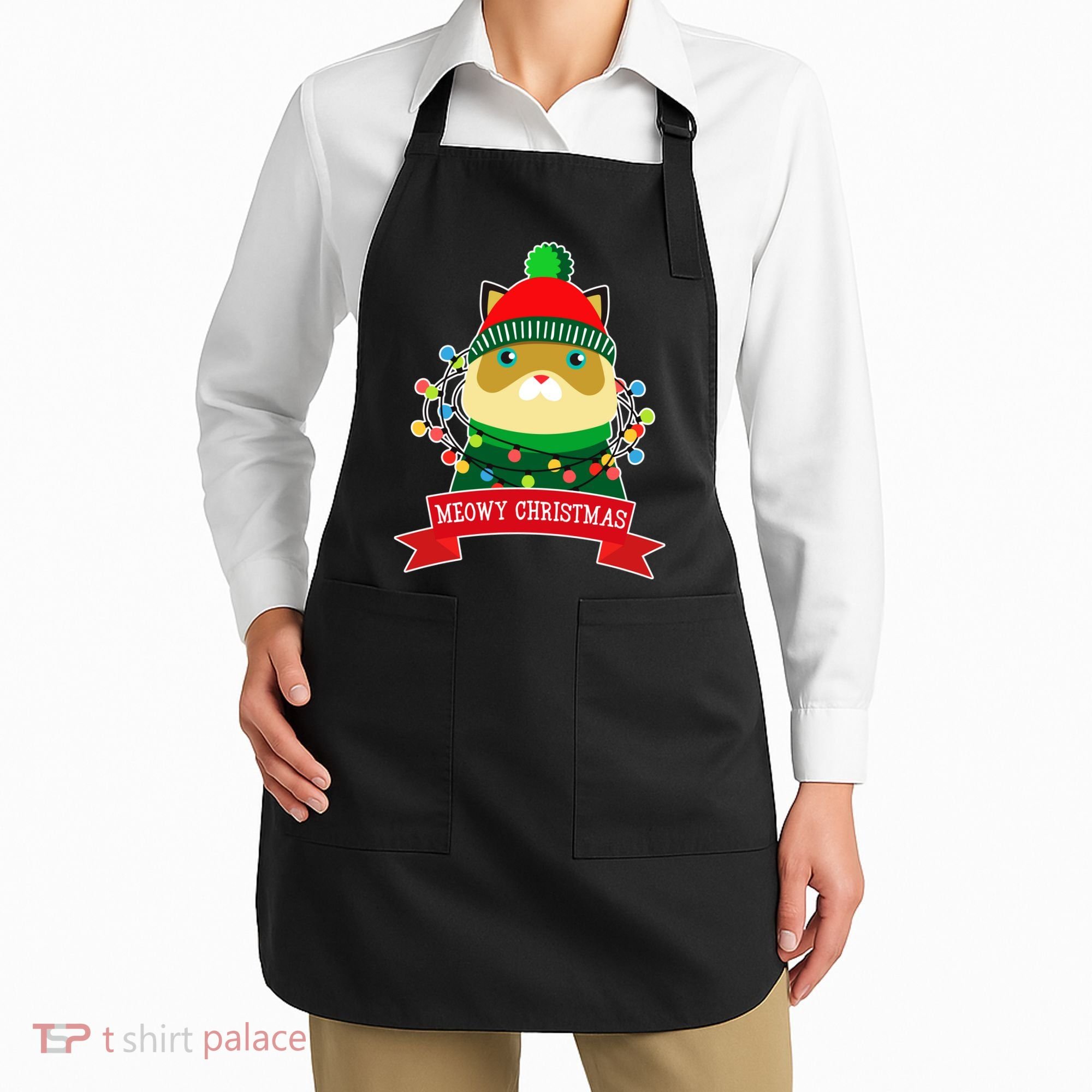 Meowy Christmas Cat Lights Apron