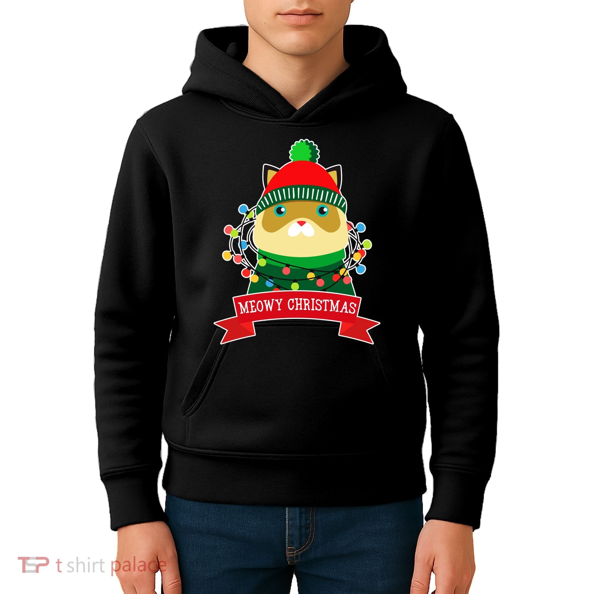 Meowy Christmas Cat Lights Kids Hoodie