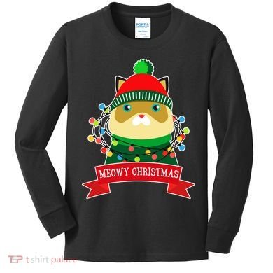 Meowy Christmas Cat Lights Kids Long Sleeve Shirt