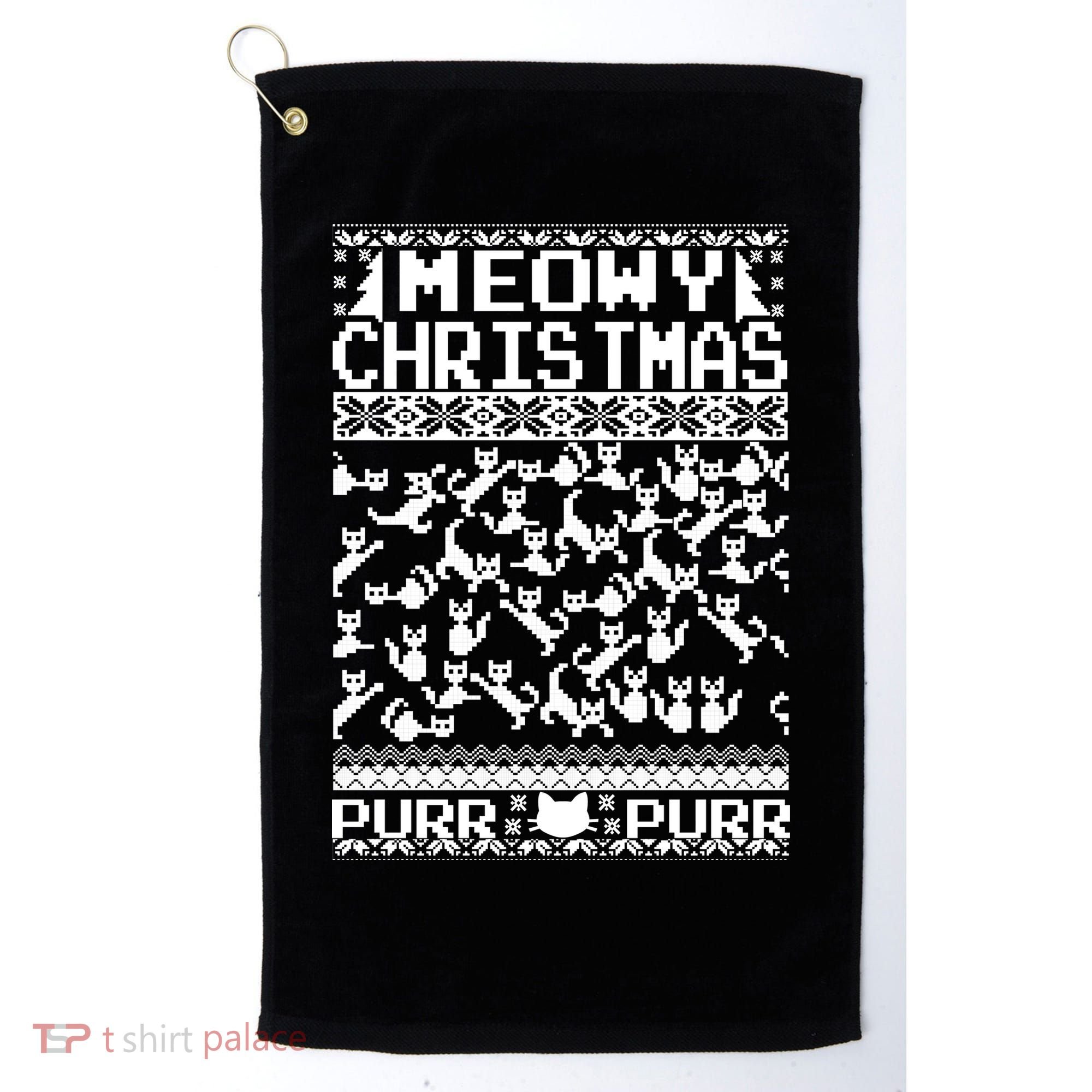 Meowy Christmas Cat Ugly Christmas Sweater Golf Towel
