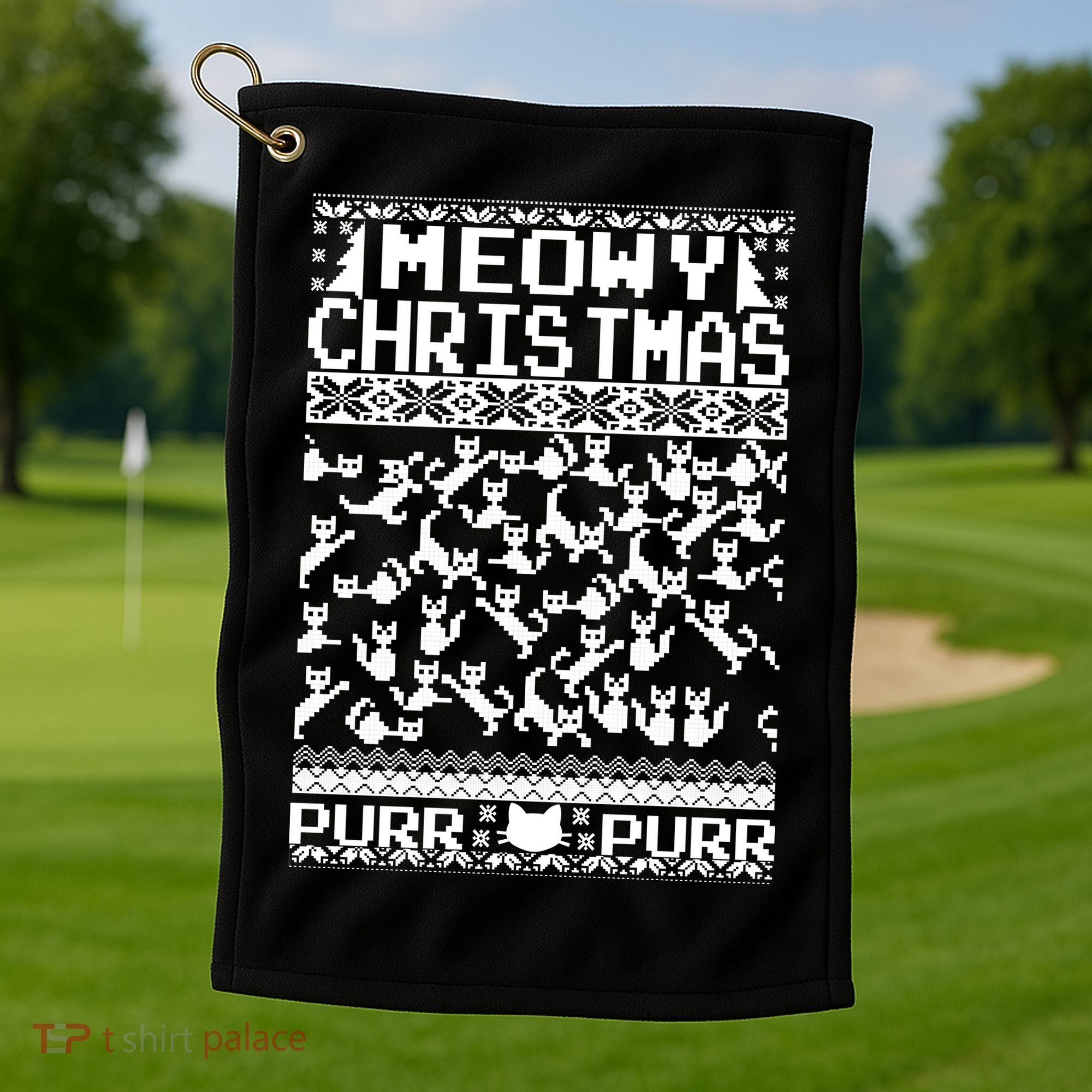 Meowy Christmas Cat Ugly Christmas Sweater Golf Towel