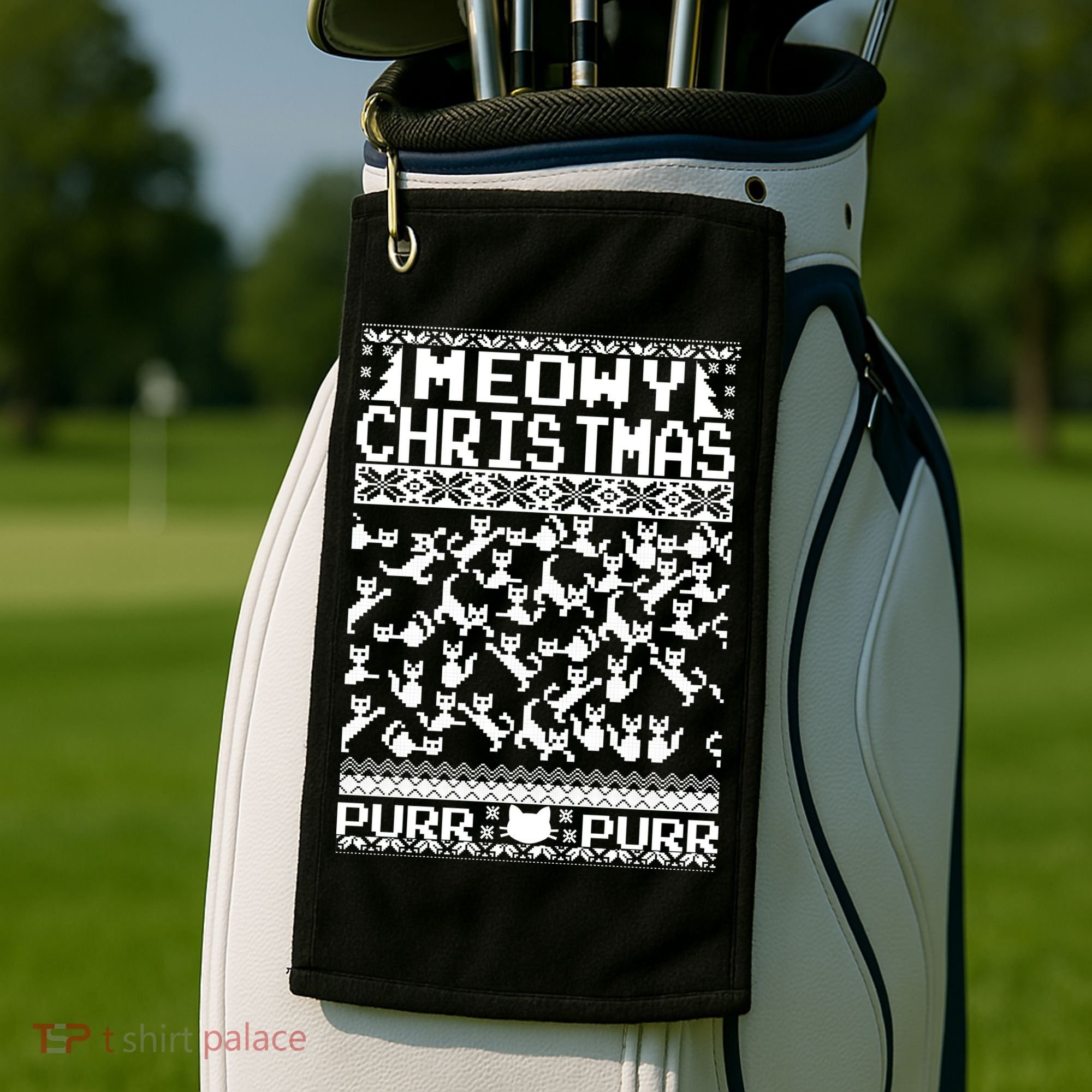 Meowy Christmas Cat Ugly Christmas Sweater Golf Towel