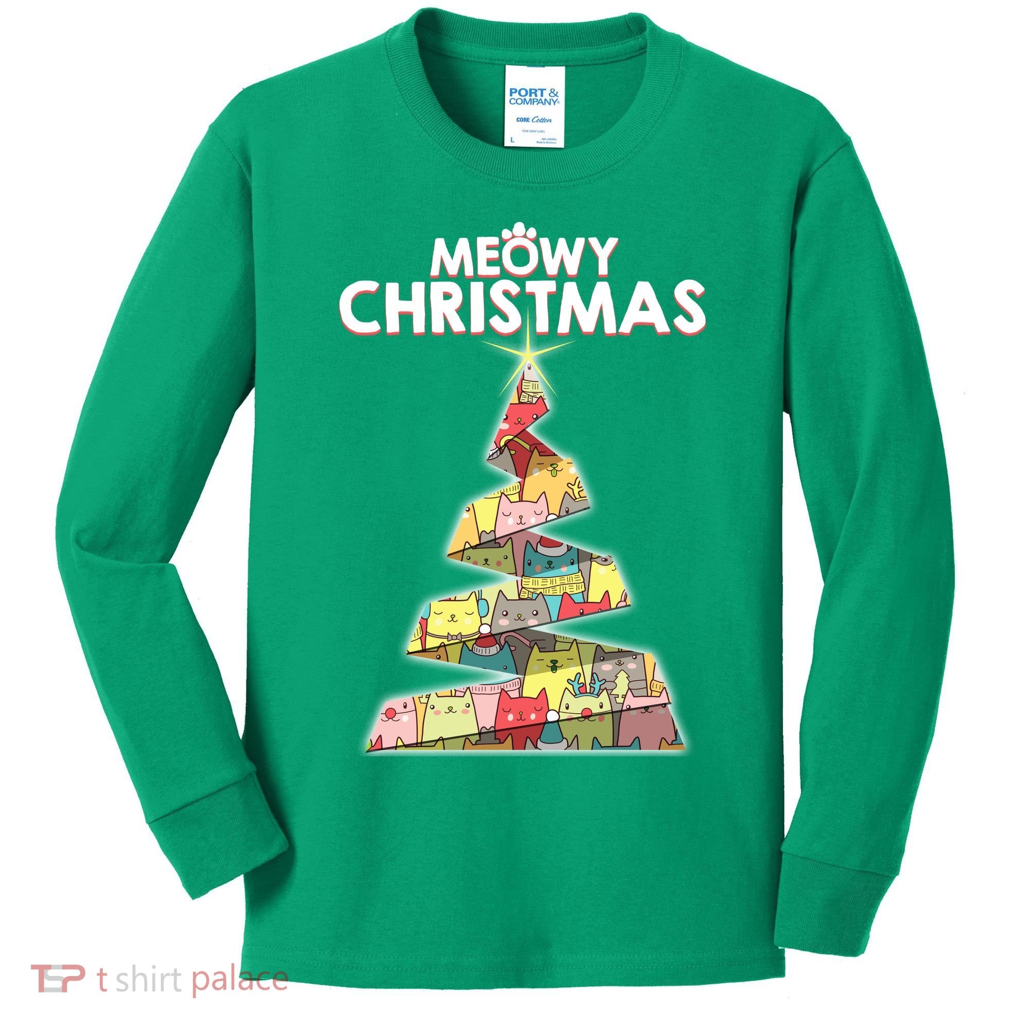 Meowy Christmas Tree For Cat Lovers Kids Long Sleeve Shirt