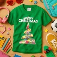 Meowy Christmas Tree For Cat Lovers Kids T-Shirt thumb 3