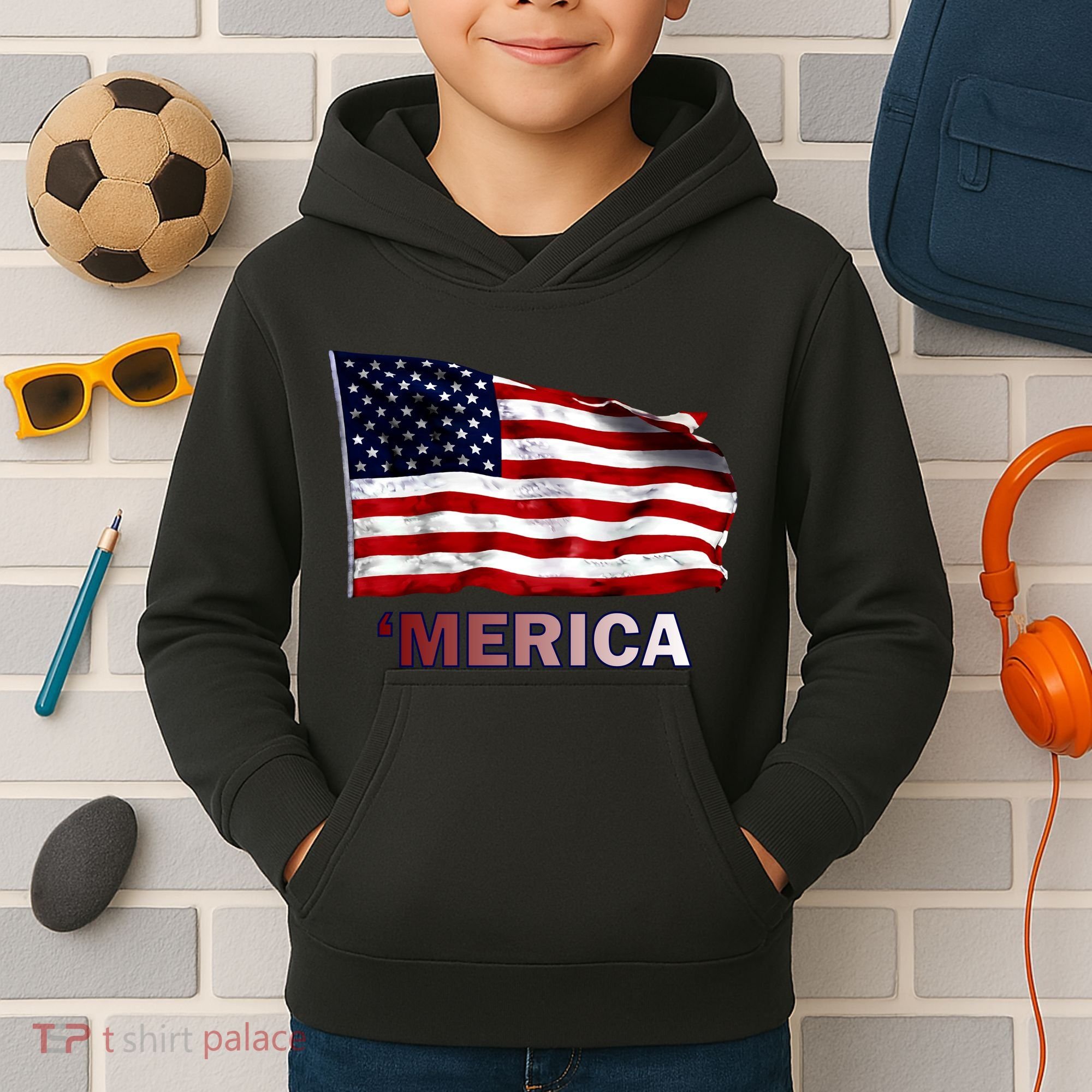 Merica Flag Wave Kids Hoodie