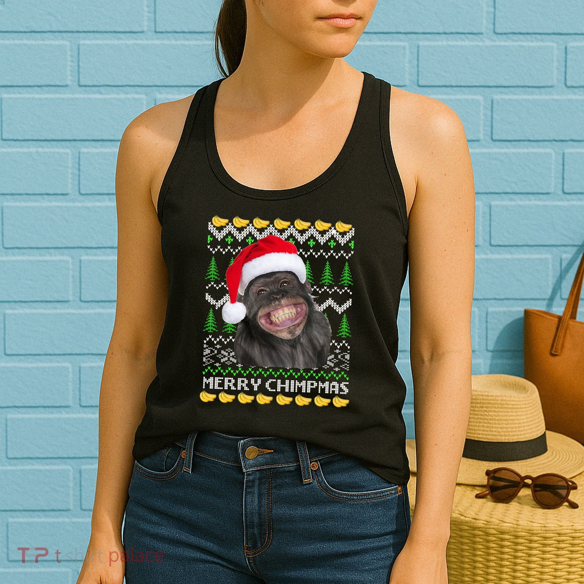 Merry Chimpmas Monkey Ugly Christmas Sweater Women's Tank Top