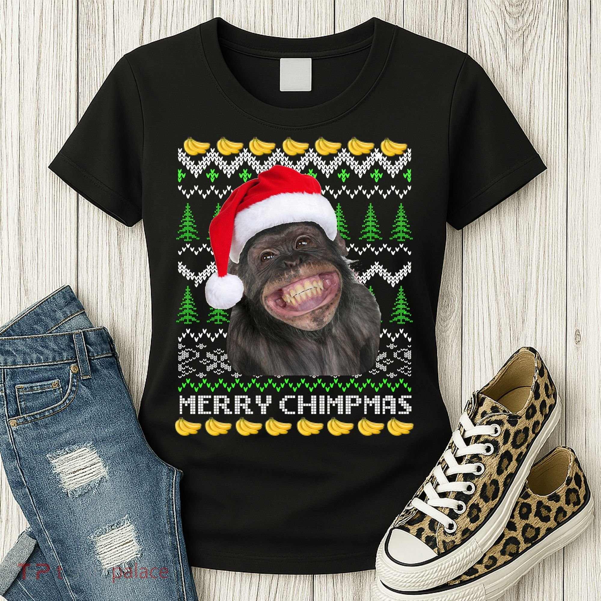 Merry Chimpmas Monkey Ugly Christmas Sweater Women's T-Shirt