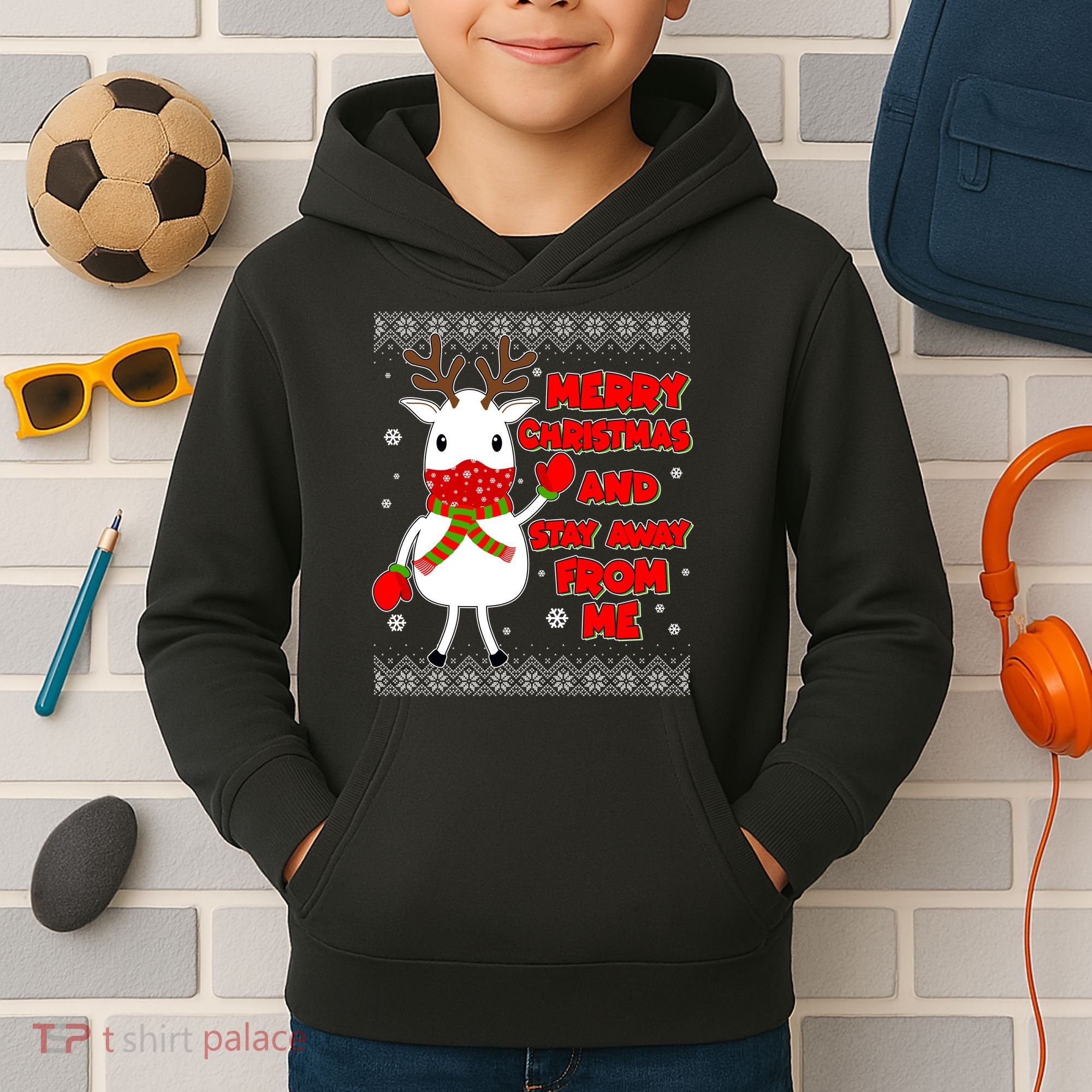 Merry Christmas And Stay Away From Me Reindeer Ugly Sweater Kids Hoodie