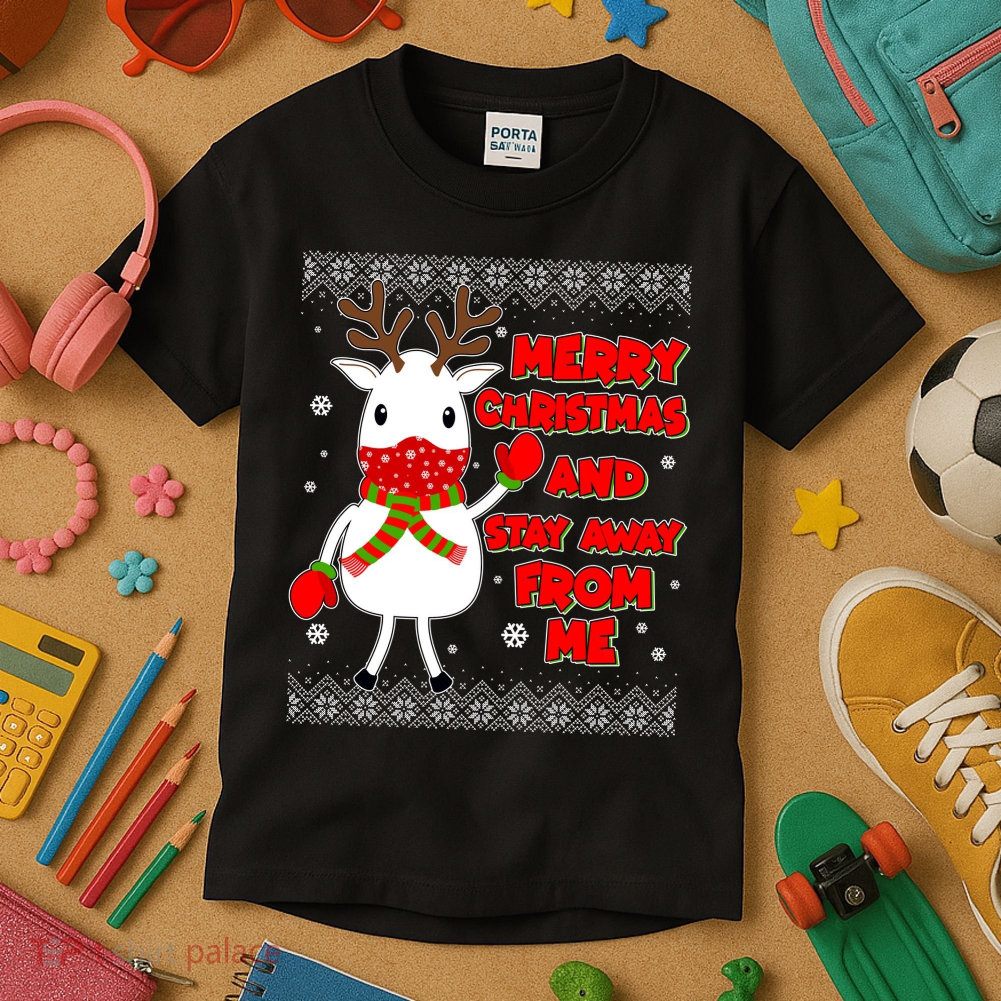 Merry Christmas And Stay Away From Me Reindeer Ugly Sweater Kids T-Shirt