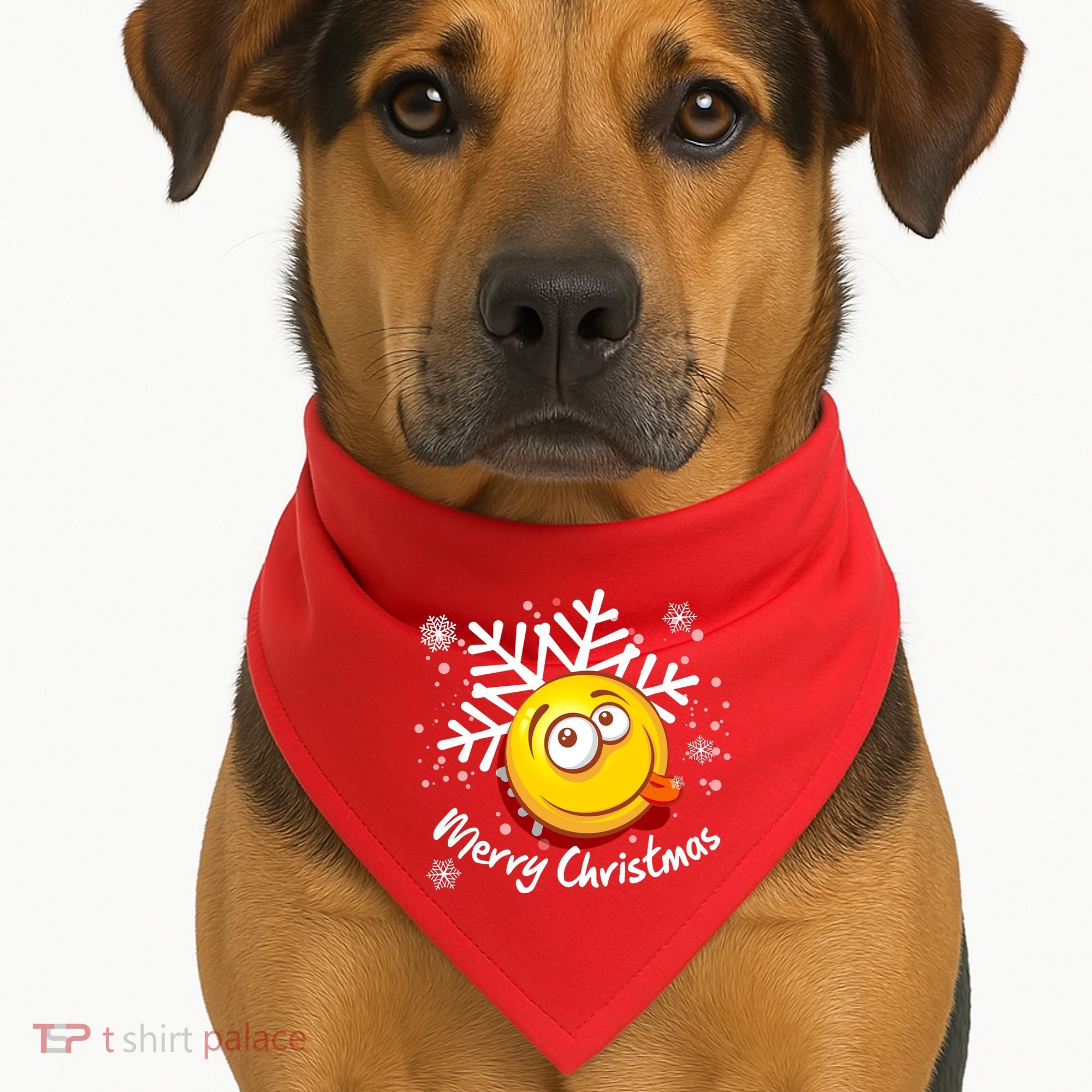 Merry Christmas Funny Smiley Face Snowflake USA-Made Doggie Bandana