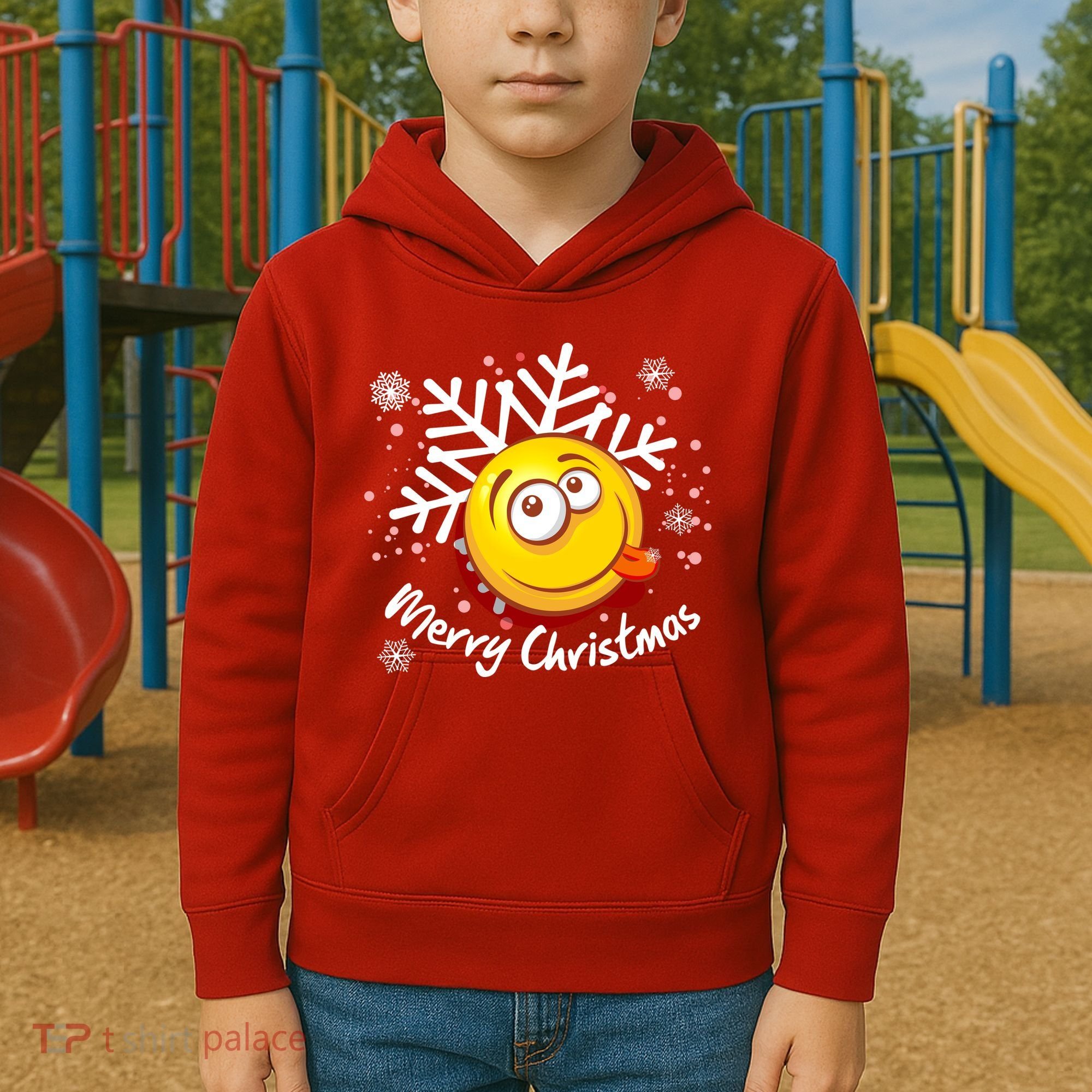 Merry Christmas Funny Smiley Face Snowflake Kids Hoodie