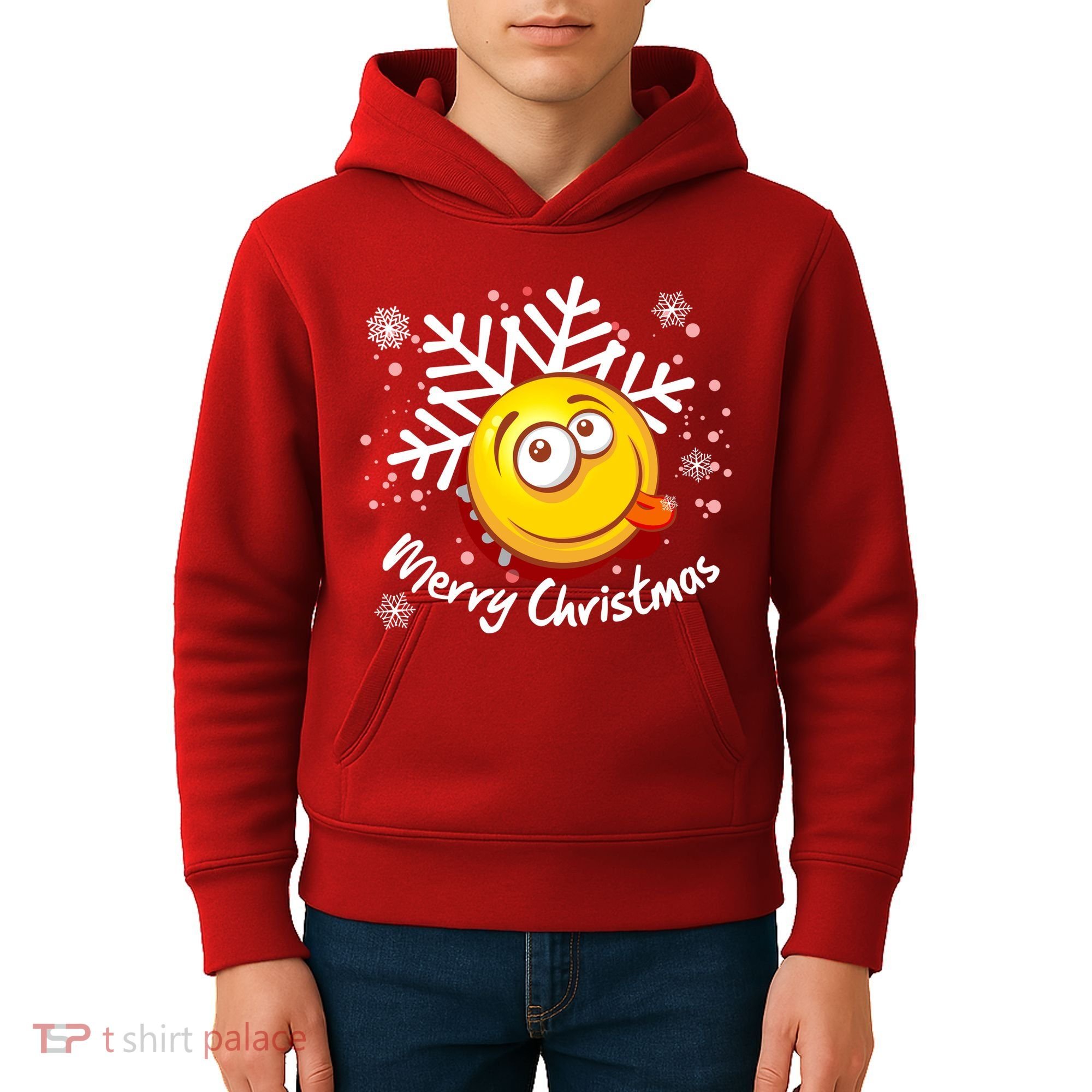 Merry Christmas Funny Smiley Face Snowflake Kids Hoodie