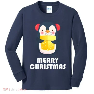 Merry Christmas Penguin Kids Long Sleeve Shirt