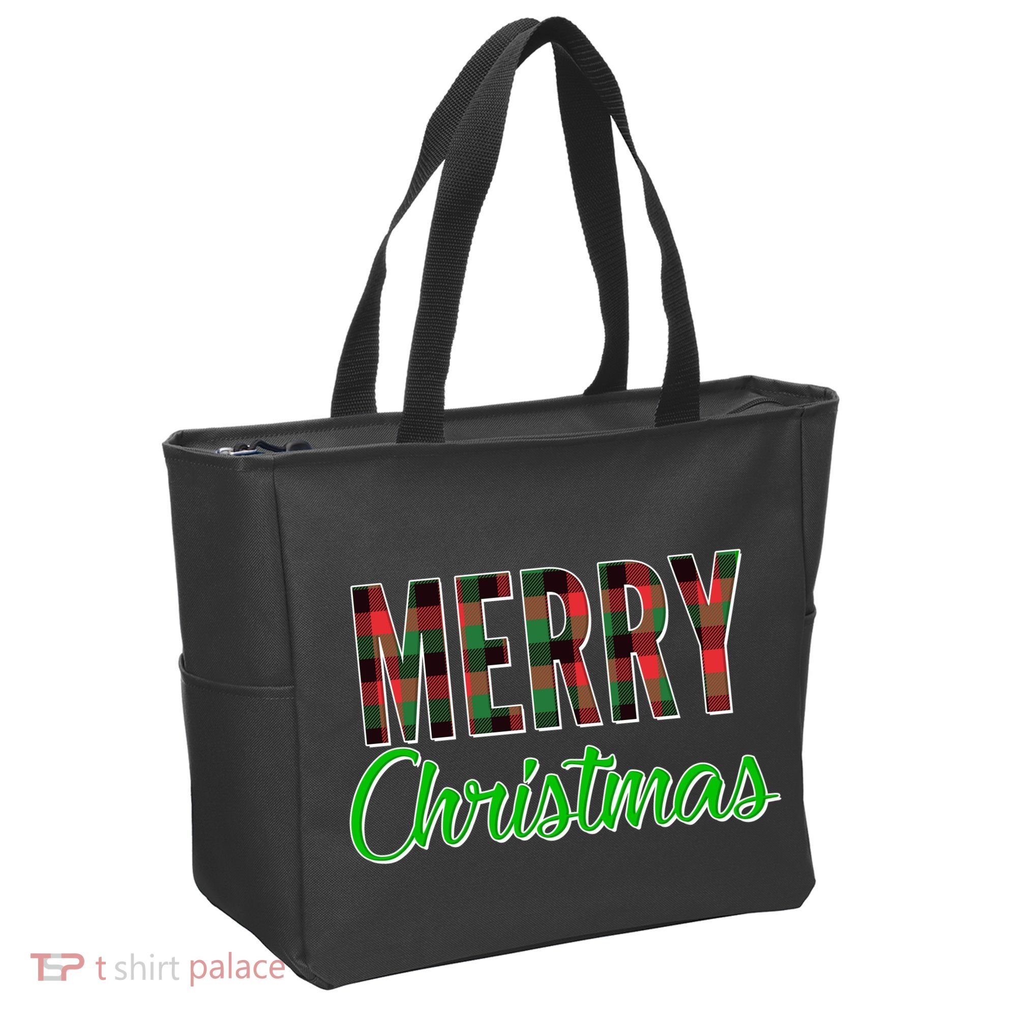 Merry Christmas Plaid Tote Bag