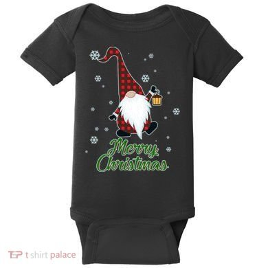 Merry Christmas Plaid Garden Gnome Baby Bodysuit