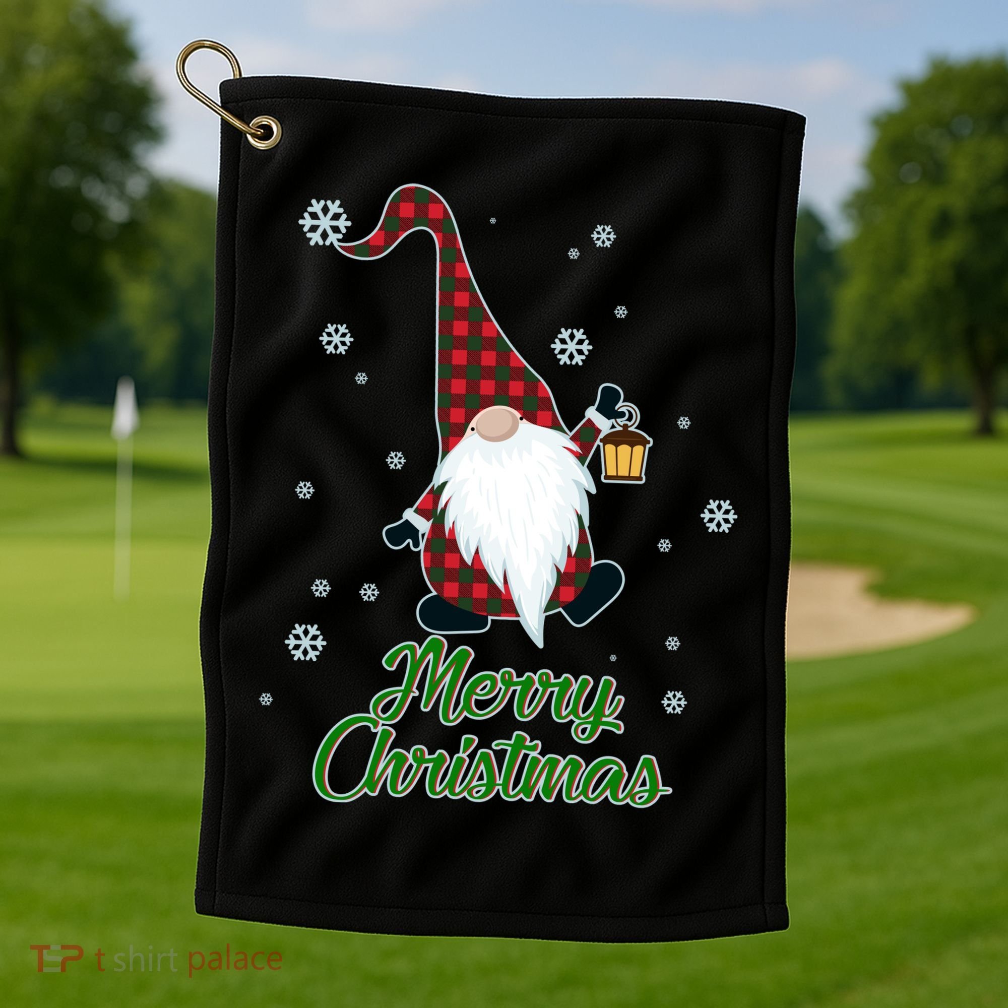 Merry Christmas Plaid Garden Gnome Golf Towel