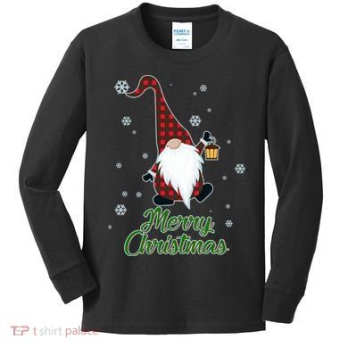 Merry Christmas Plaid Garden Gnome Kids Long Sleeve Shirt