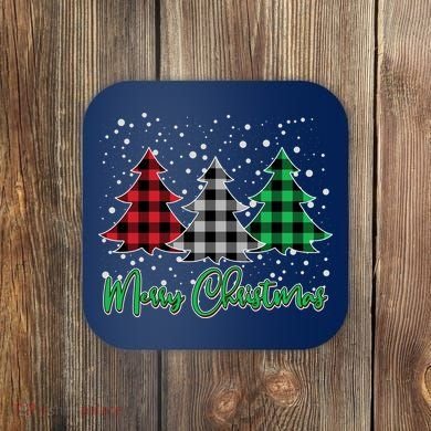 Merry Christmas Plaid Trees Coaster